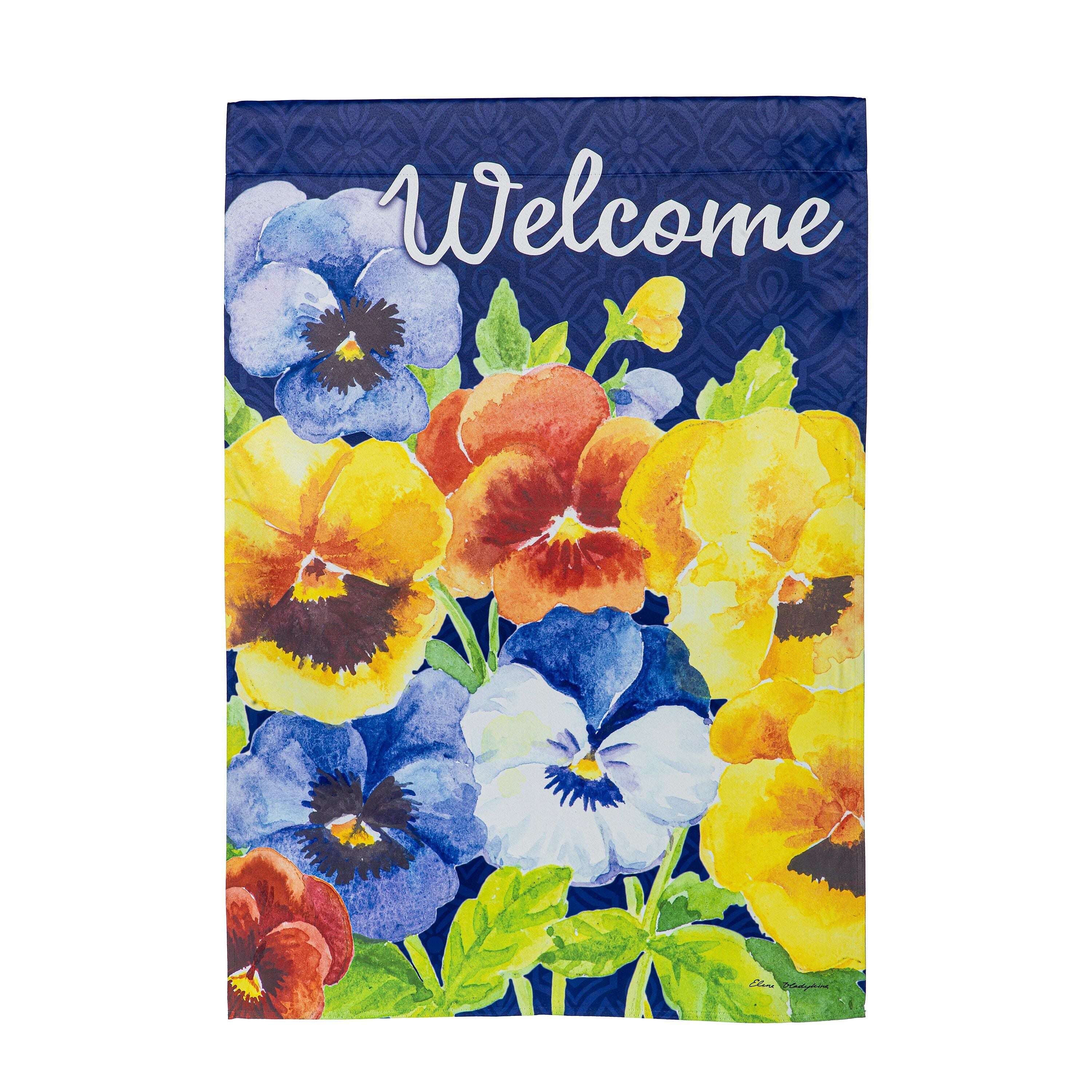 Welcome Pansies Suede House Flag - Sports Gifts, Sports Memorabilia, Sports Collectibles, Fan Shop