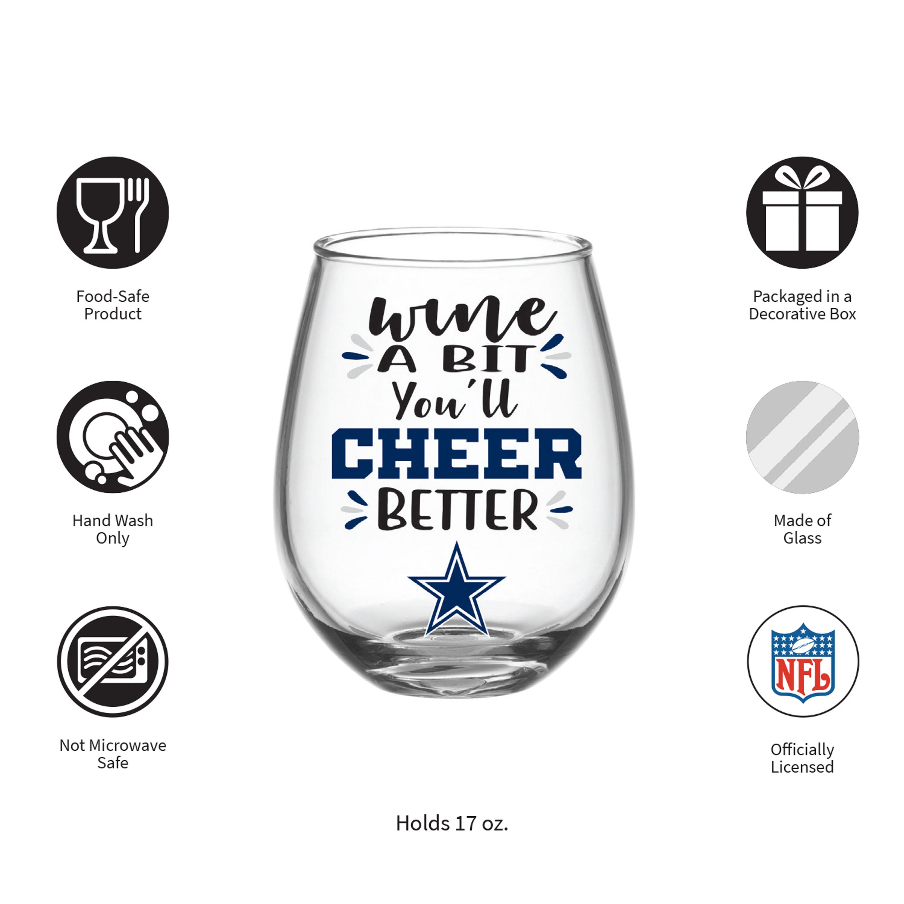 Dallas Cowboys, 17oz Boxed Stemless Wine - Sports Gifts, Sports Memorabilia, Sports Collectibles, Fan Shop