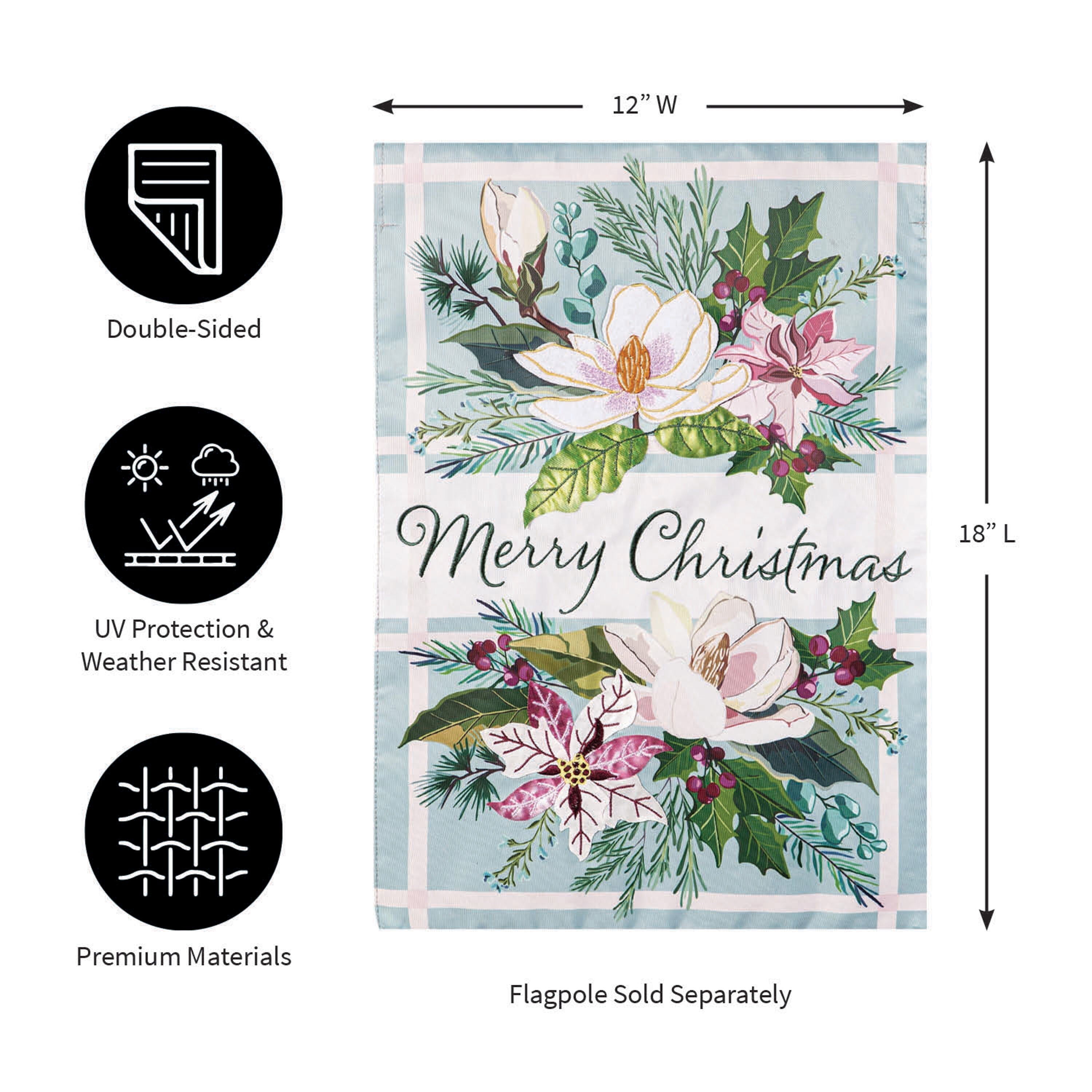 Merry Christmas Floral Applique Garden Flag