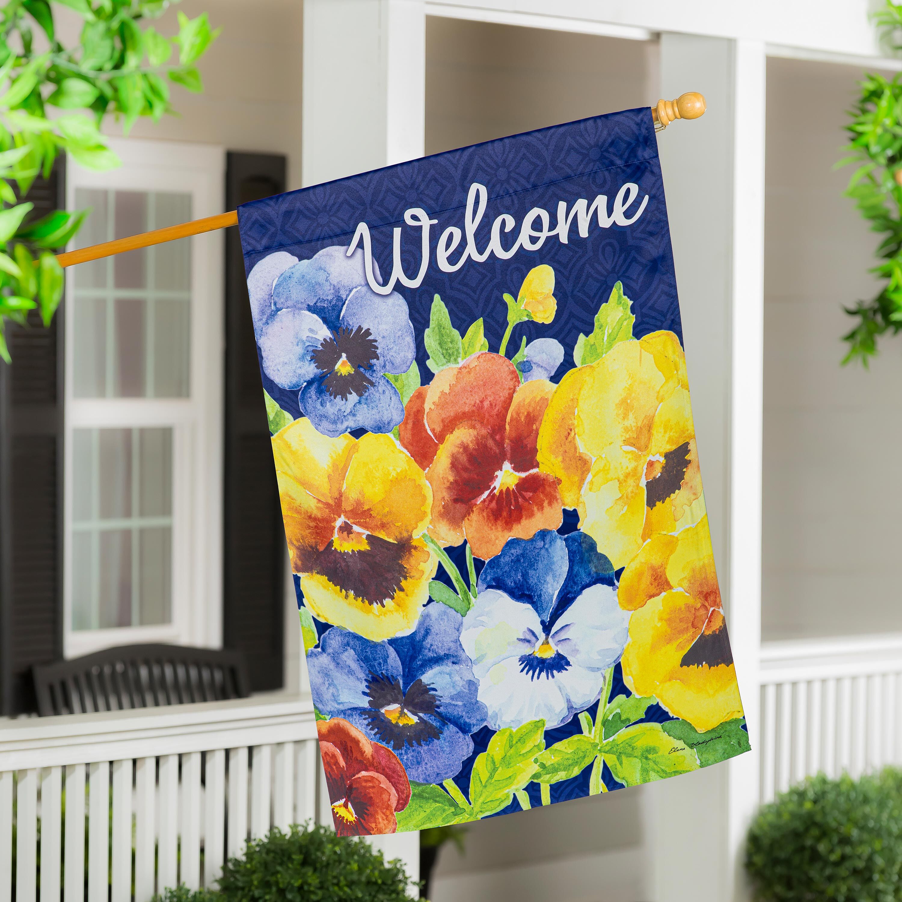 Welcome Pansies Suede House Flag - Sports Gifts, Sports Memorabilia, Sports Collectibles, Fan Shop