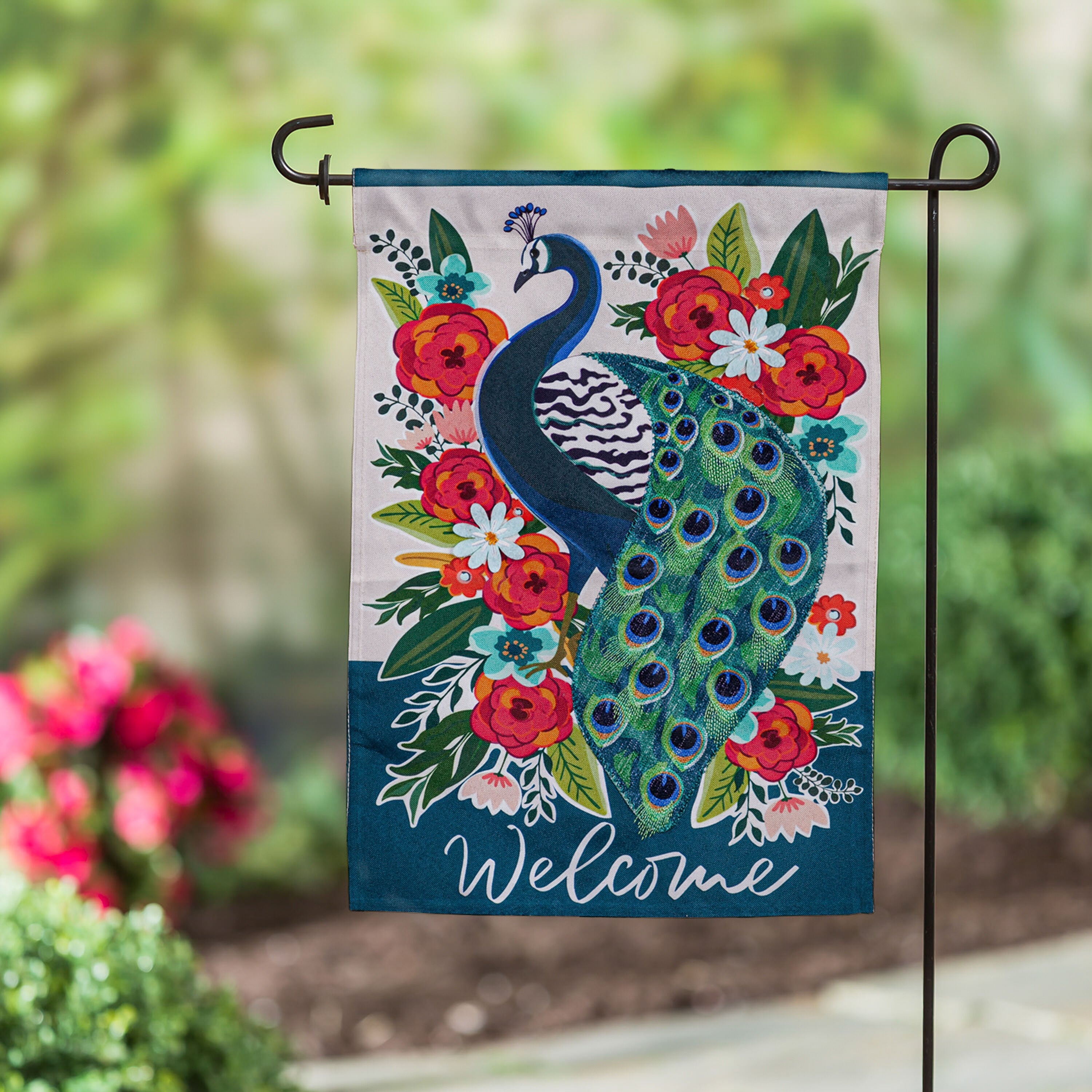 Floral Peacock Garden Linen Flag