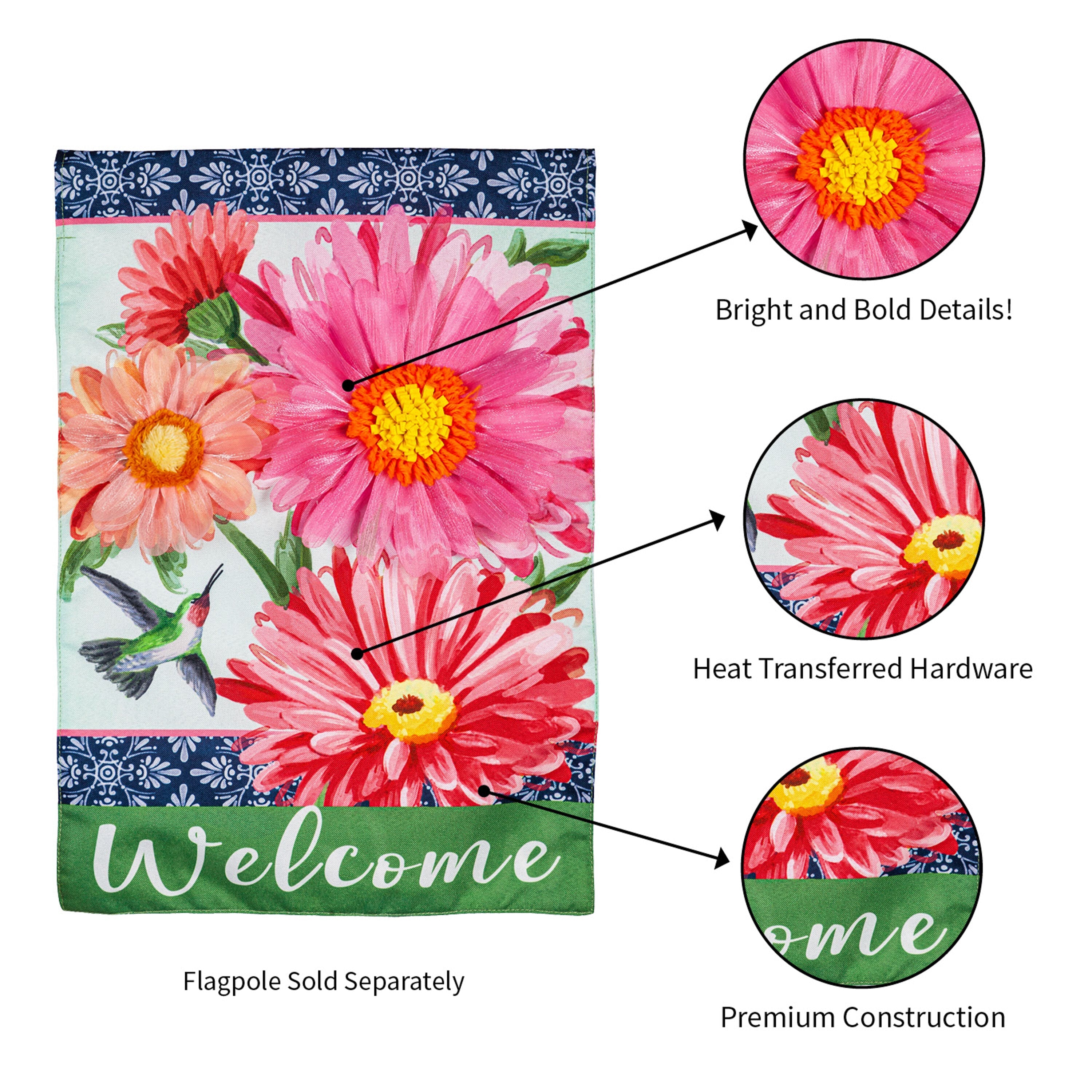 Gerberas and Hummingbird Garden Linen Flag - Sports Gifts, Sports Memorabilia, Sports Collectibles, Fan Shop