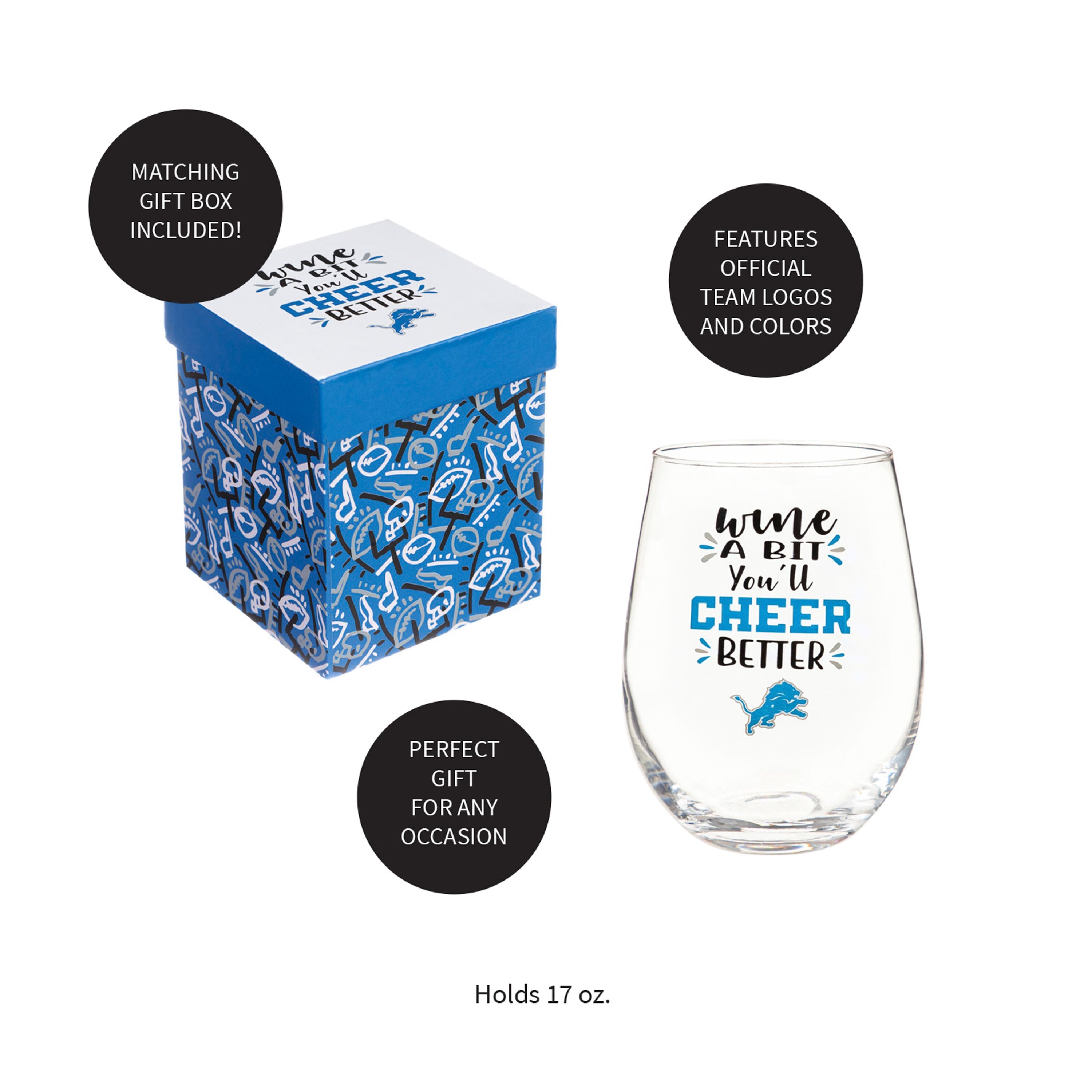Detroit Lions, 17oz Boxed Stemless Wine - Sports Gifts, Sports Memorabilia, Sports Collectibles, Fan Shop