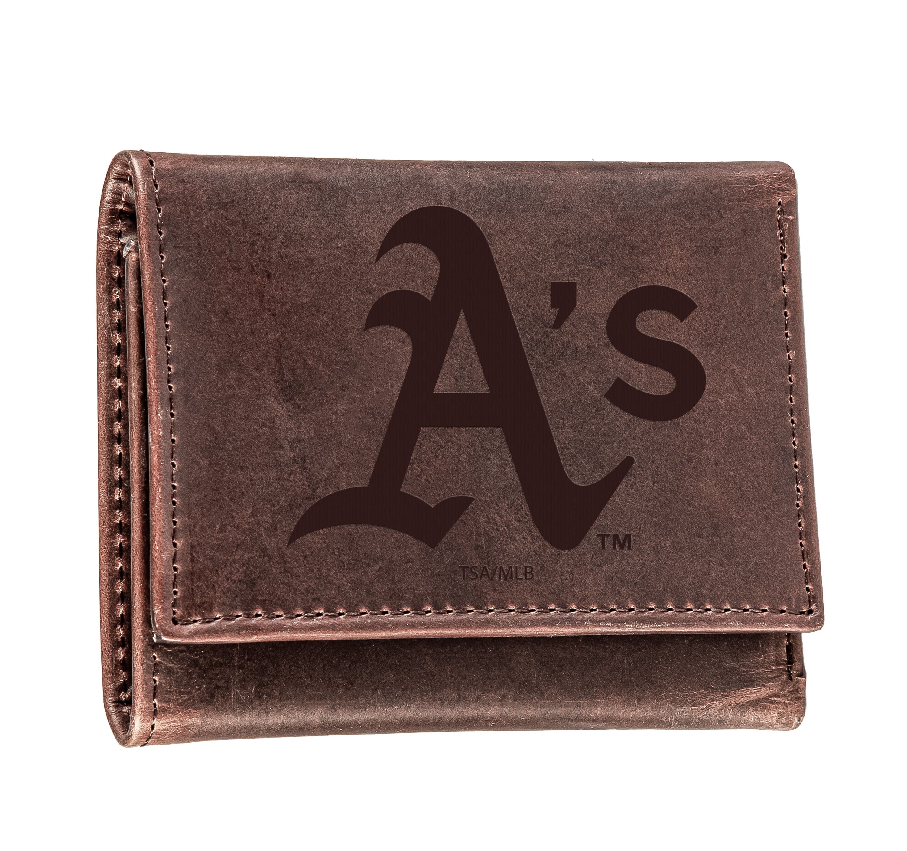 Oakland A's Tri-Fold Wallet Brown 100% Genuine Leather - Sports Gifts, Sports Memorabilia, Sports Collectibles, Fan Shop