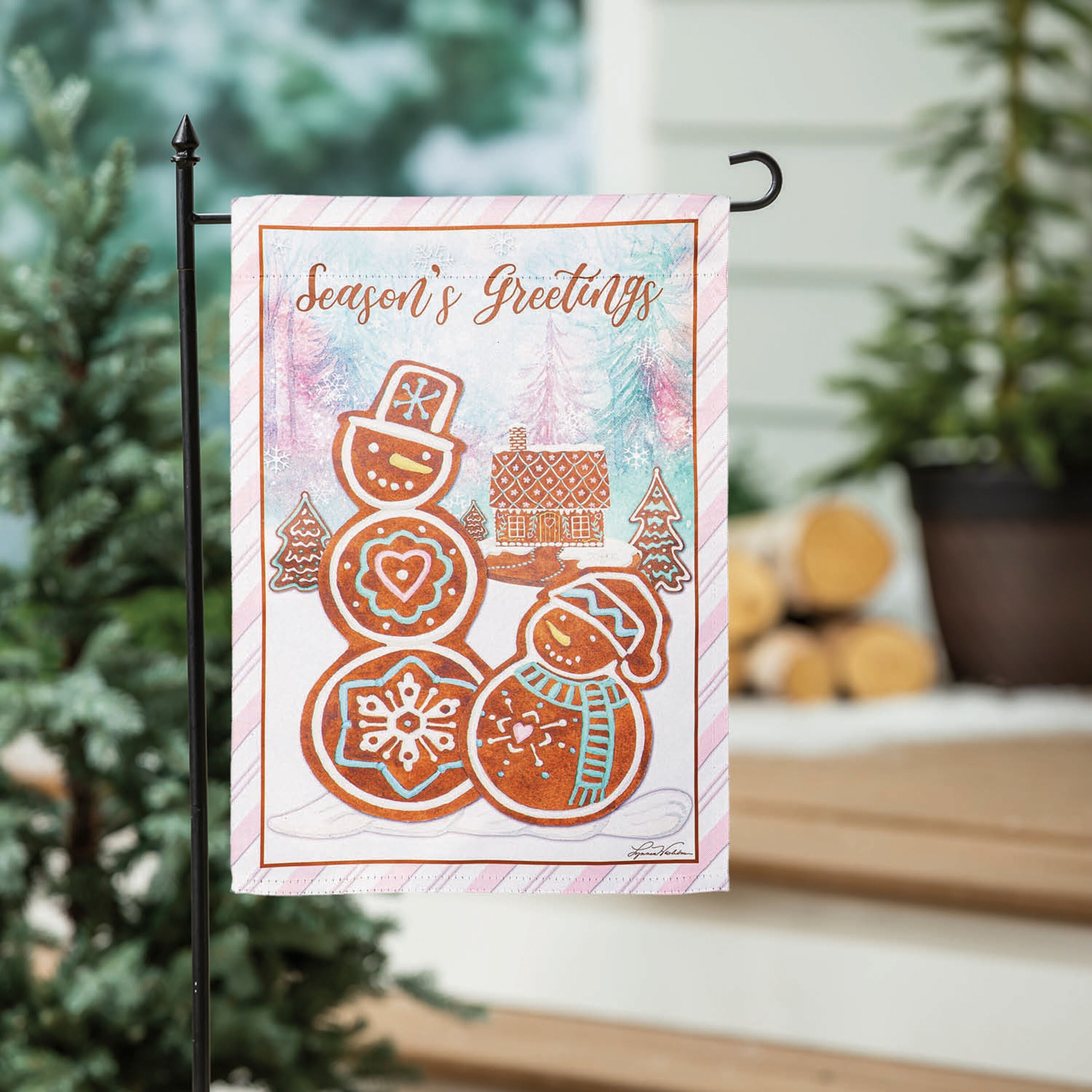Season's Greeting Gingerbread Reversible Suede Garden Flag