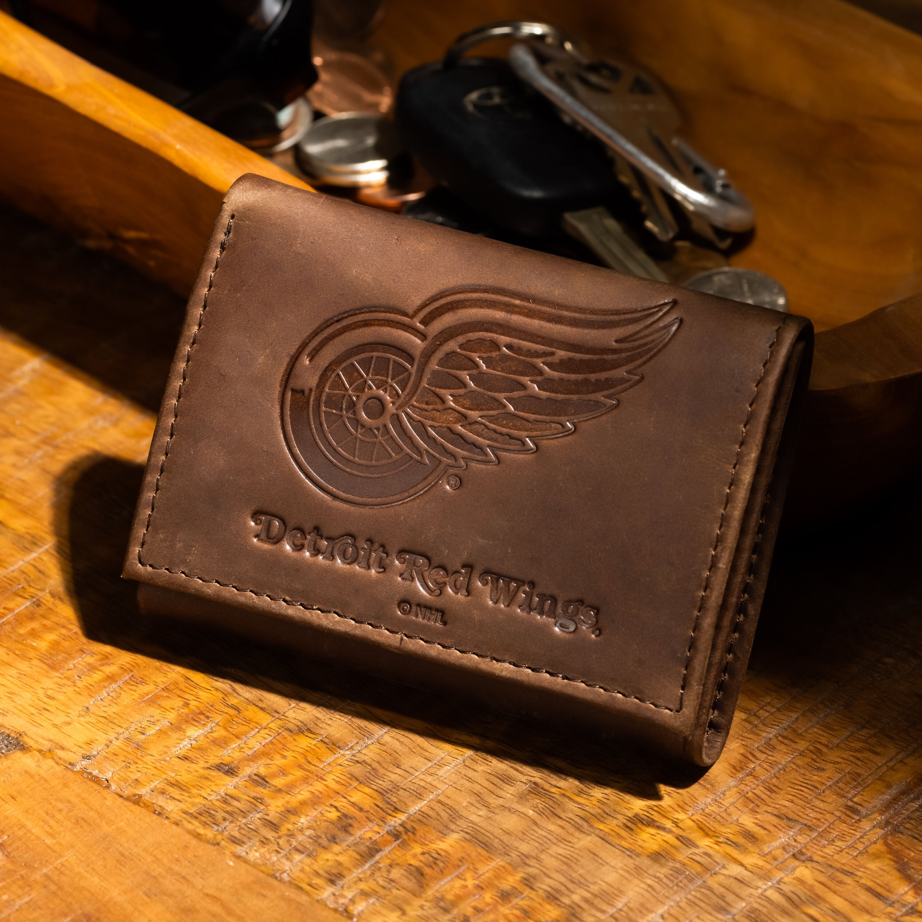 Detroit Red Wings, Tri-Fold Wallet, Brown, CH, 100% Genuine Leather - Sports Gifts, Sports Memorabilia, Sports Collectibles, Fan Shop