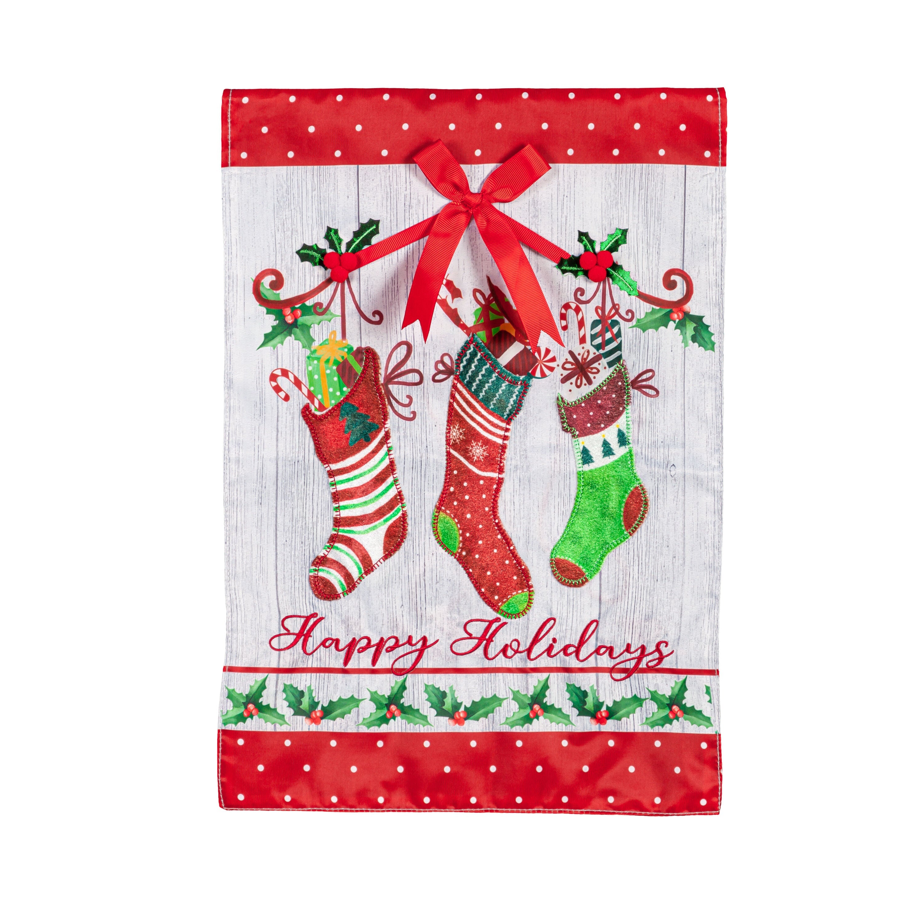 Happy Holidays Stocking Applique Garden Flag - Sports Gifts, Sports Memorabilia, Sports Collectibles, Fan Shop