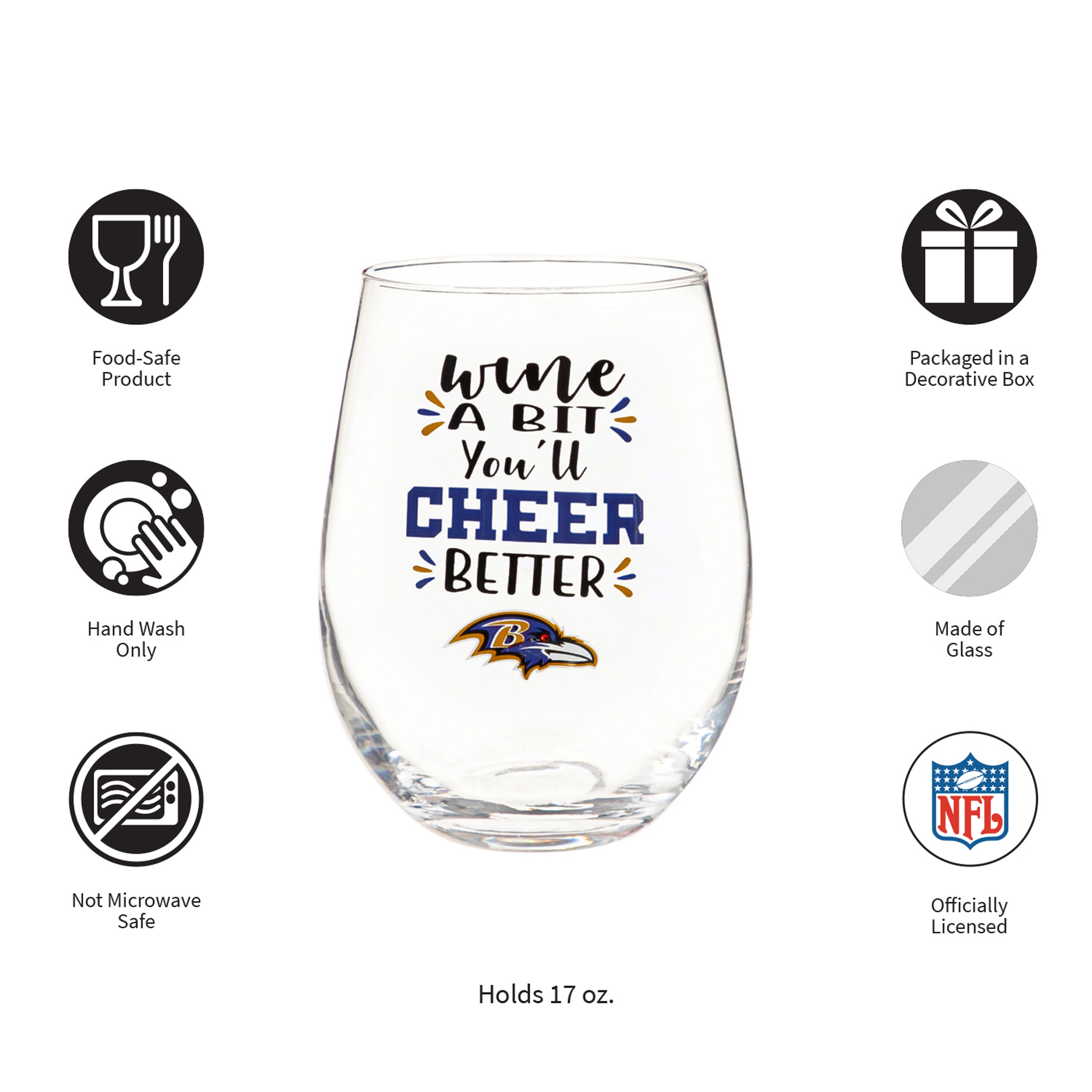 Baltimore Ravens, 17oz Boxed Stemless Wine - Sports Gifts, Sports Memorabilia, Sports Collectibles, Fan Shop