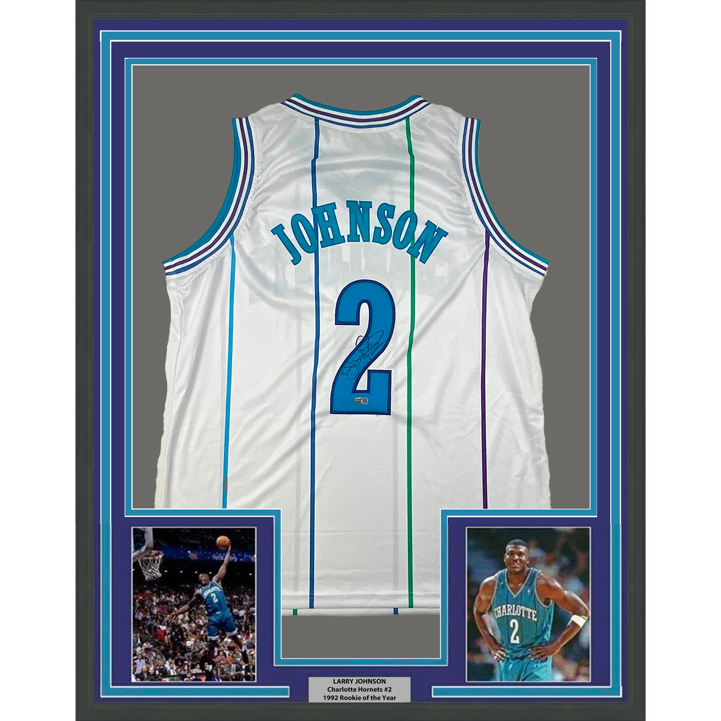 Framed Autographed/Signed Larry Johnson 35x39 Charlotte White Basketball Jersey Steiner COA