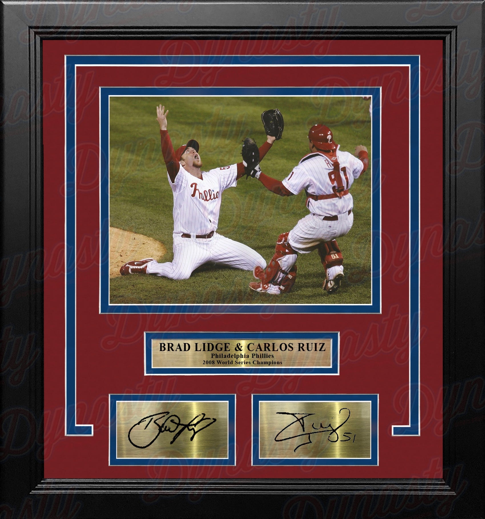 Brad Lidge & Carlos Ruiz 2008 World Series Last Out Celebration Philadelphia Phillies Framed Baseball Photo with Engraved Autographs - Sports Collectibles, Sports Memorabilia, Sports Fan Shop, Sports Gifts