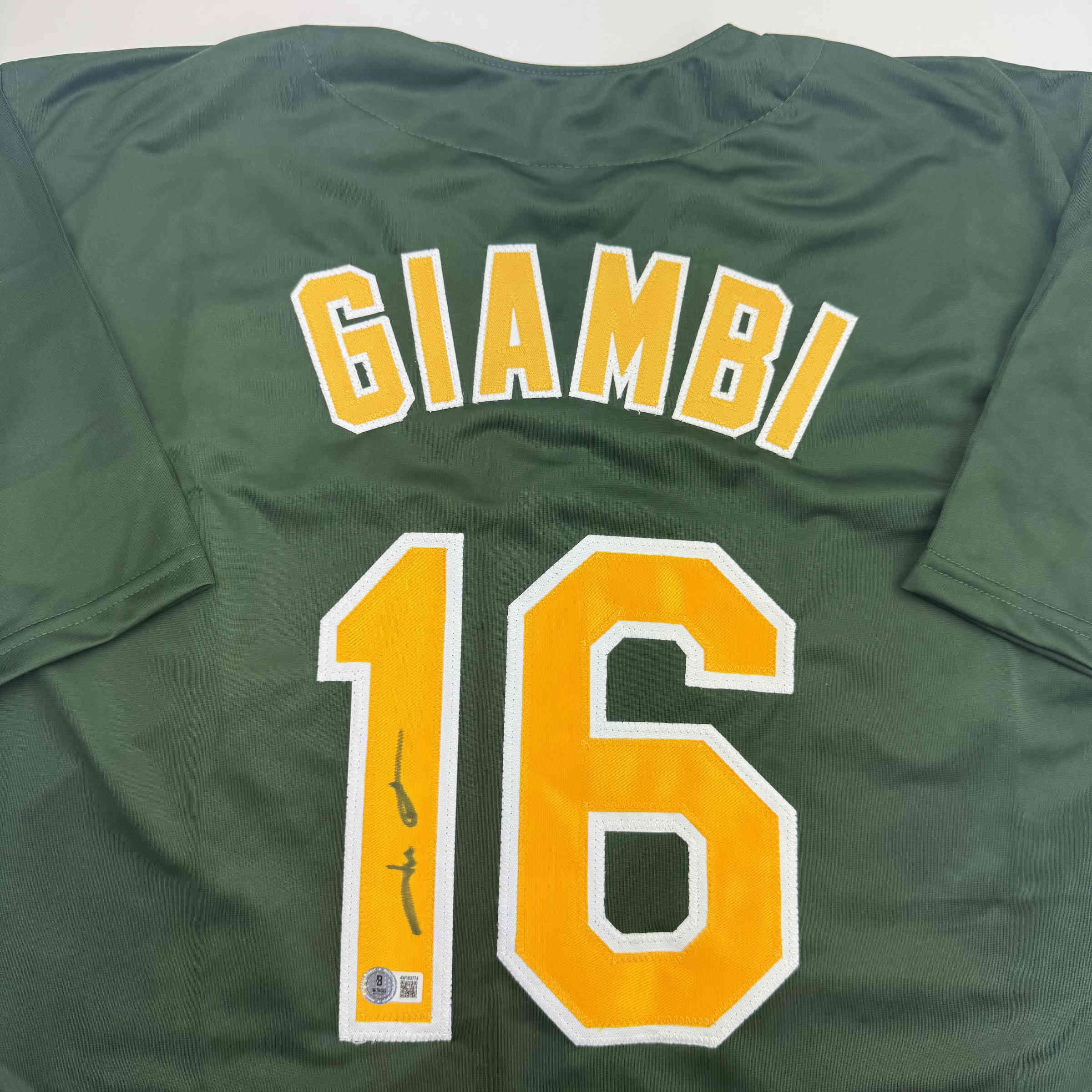Autographed/Signed Jason Giambi Oakland Green Baseball Jersey Beckett BAS COA