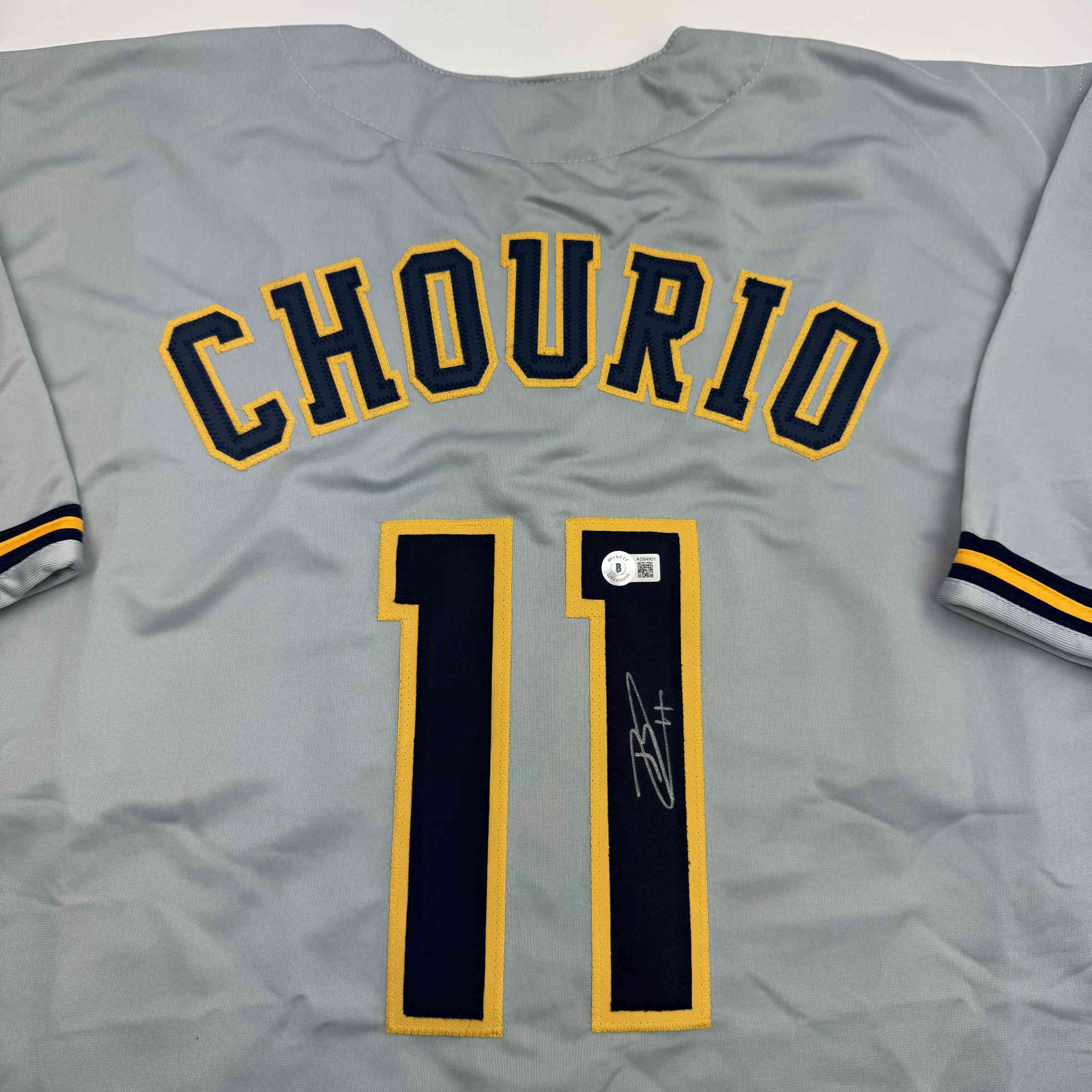 Autographed/Signed Jackson Chourio Milwaukee Grey Baseball Jersey Beckett BAS COA