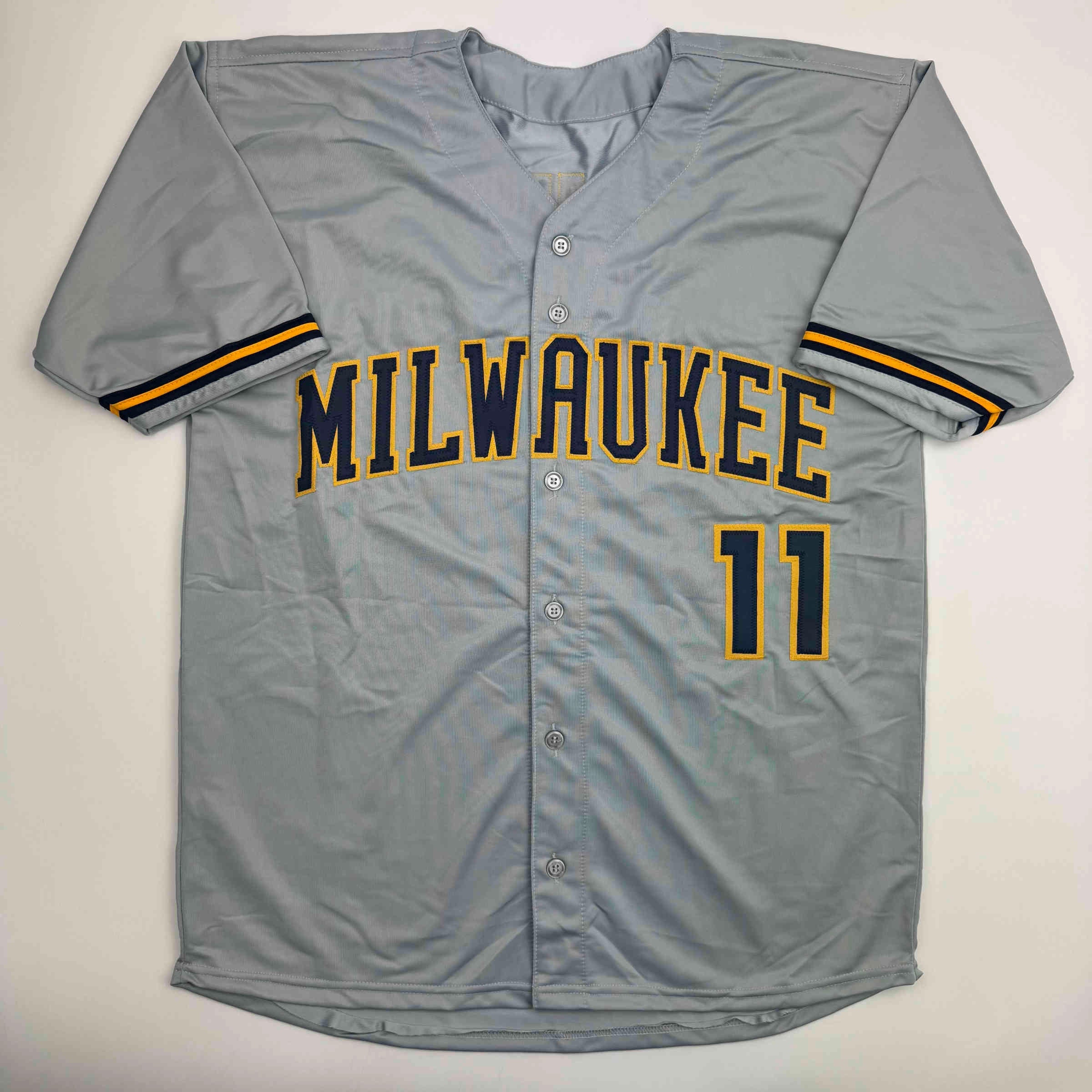 Autographed/Signed Jackson Chourio Milwaukee Grey Baseball Jersey Beckett BAS COA