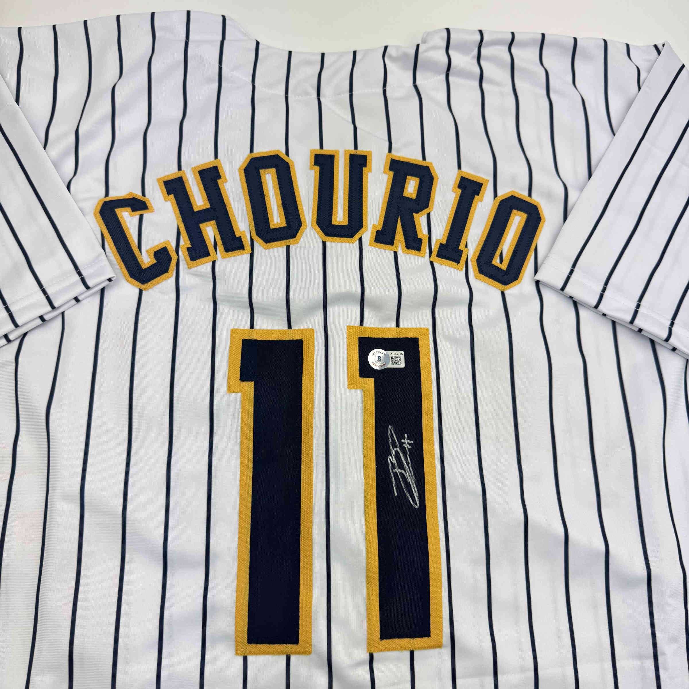 Autographed/Signed Jackson Chourio Milwaukee Pinstripe Baseball Jersey Beckett BAS COA