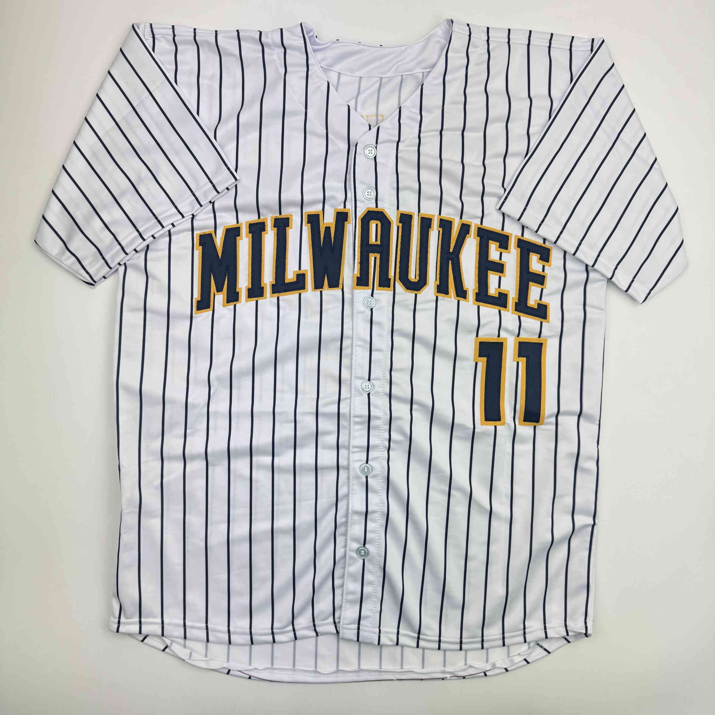 Autographed/Signed Jackson Chourio Milwaukee Pinstripe Baseball Jersey Beckett BAS COA