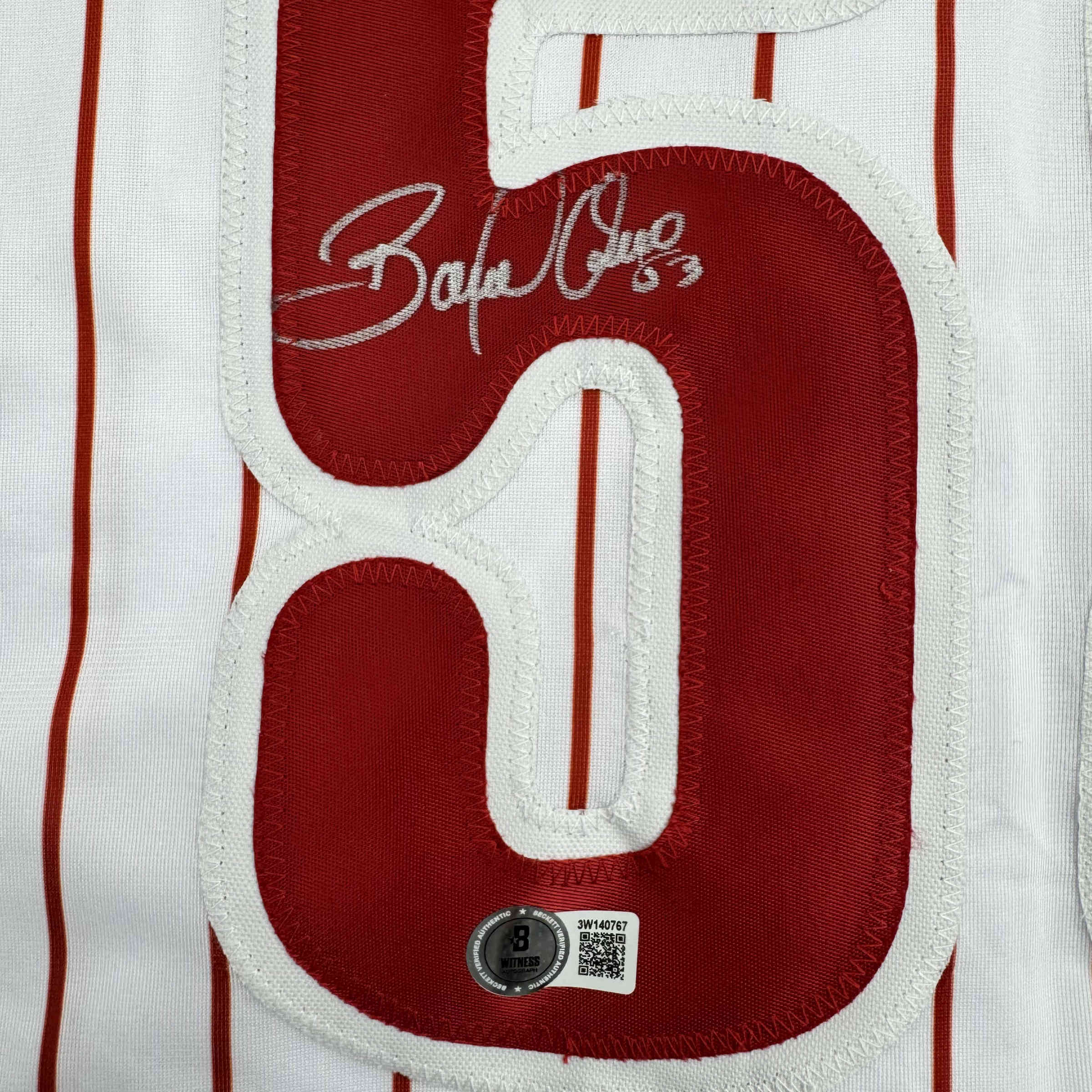Autographed/Signed Bobby Abreu Philadelphia Pinstripe Baseball Jersey Beckett BAS COA