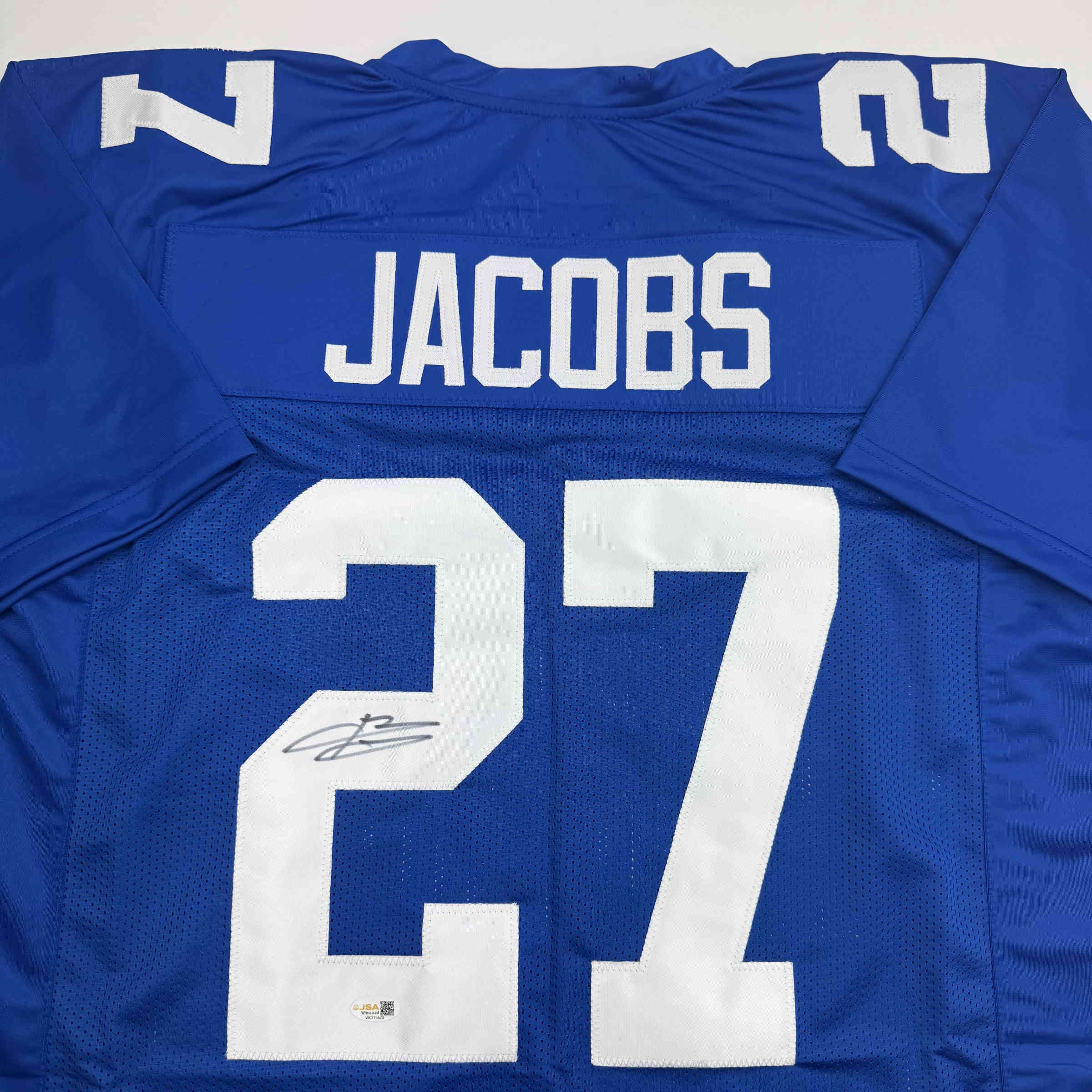 Autographed/Signed Brandon Jacobs New York Blue Football Jersey Beckett BAS COA