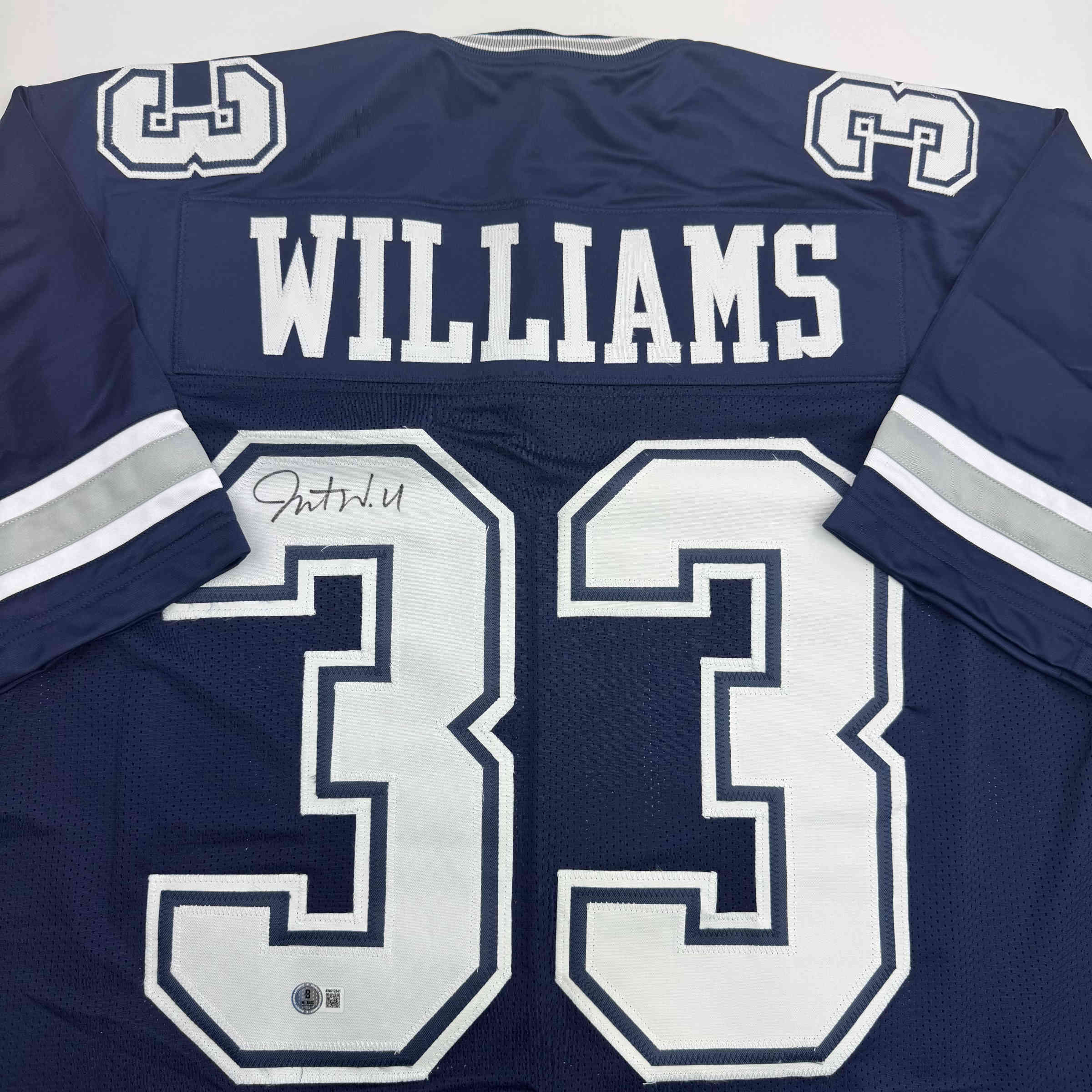 Autographed/Signed Javonte Williams Dallas Blue Football Jersey Beckett BAS COA