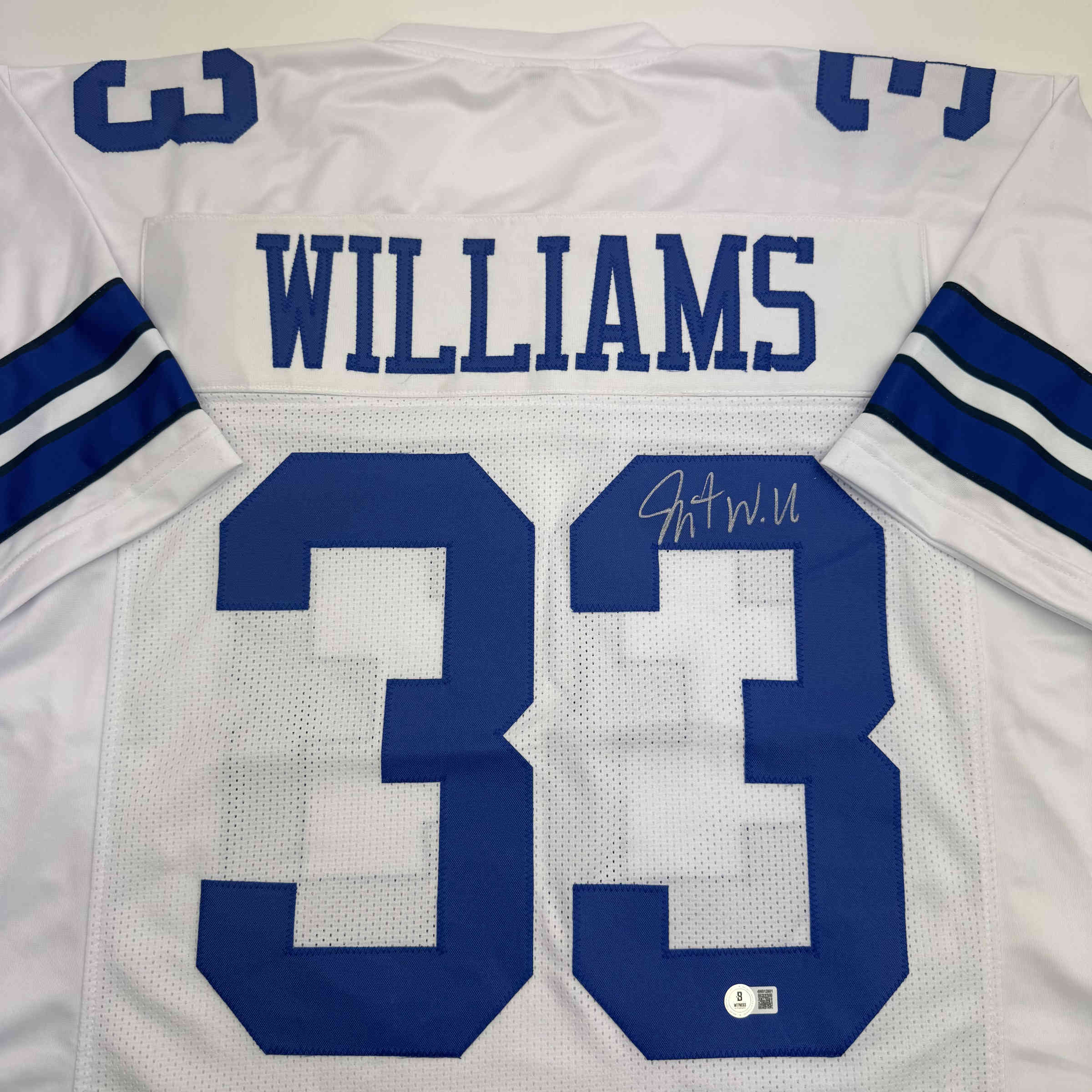 Autographed/Signed Javonte Williams Dallas White Football Jersey Beckett BAS COA