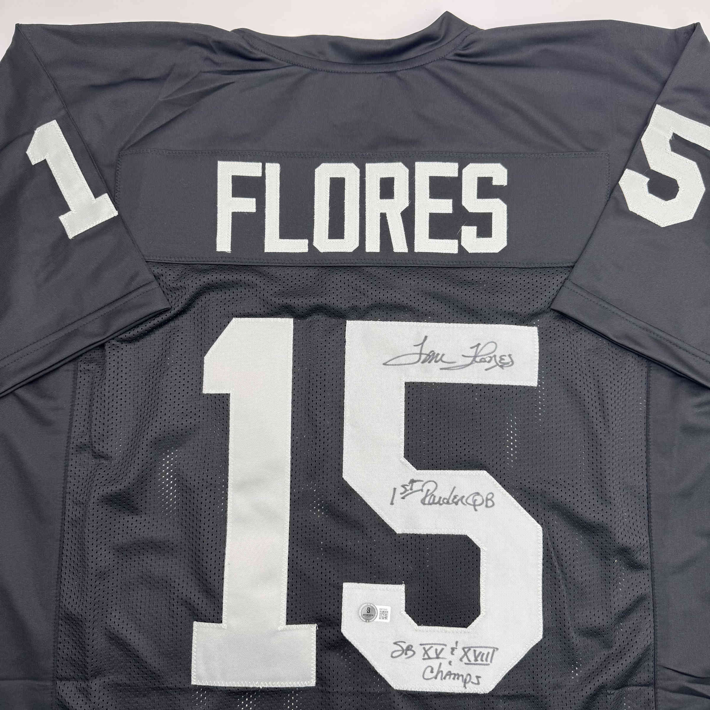 Autographed/Signed Tom Flores Las Vegas Oakland Black Football Jersey Beckett BAS COA