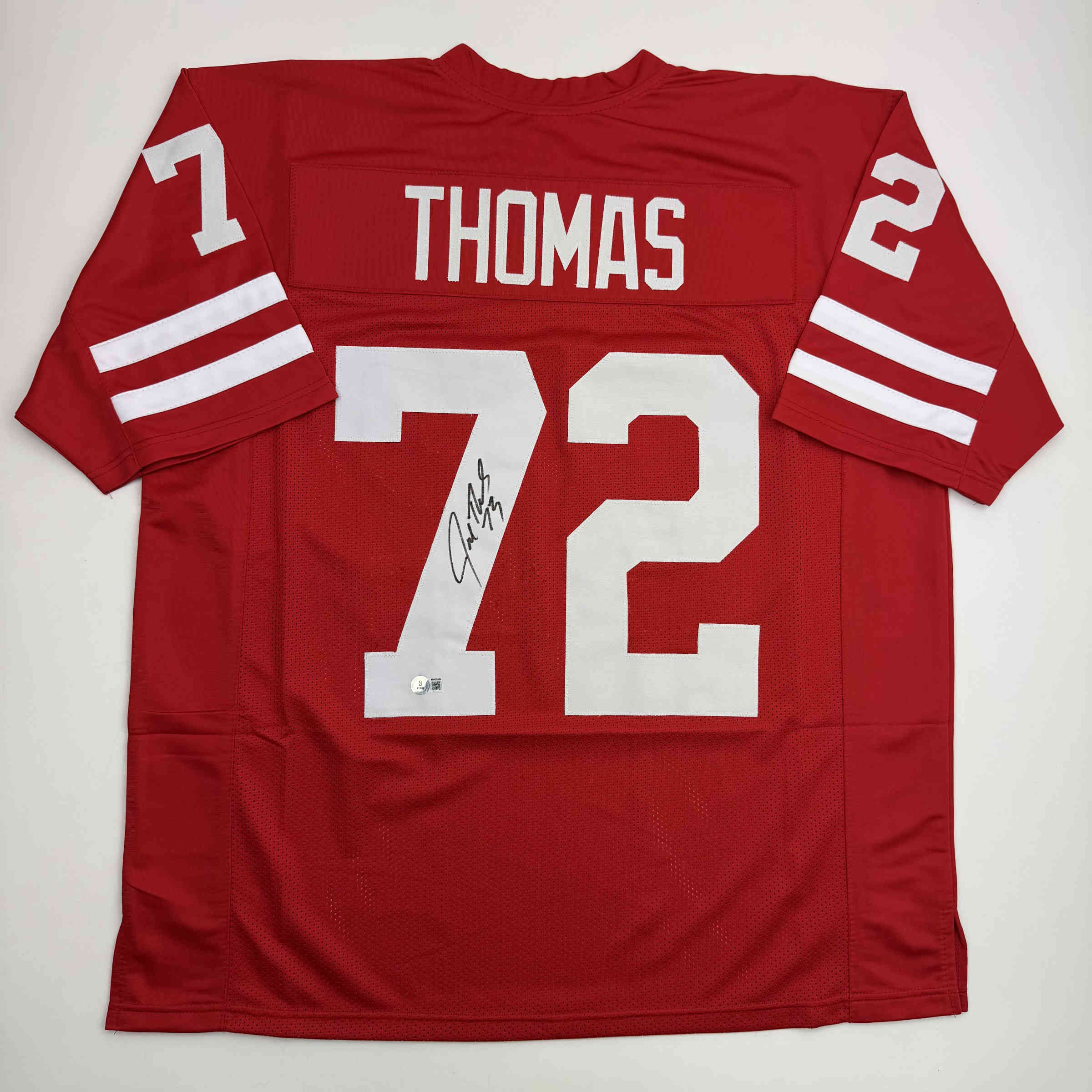 Autographed/Signed Joe Thomas Wisconsin Red College Football Jersey Beckett BAS COA
