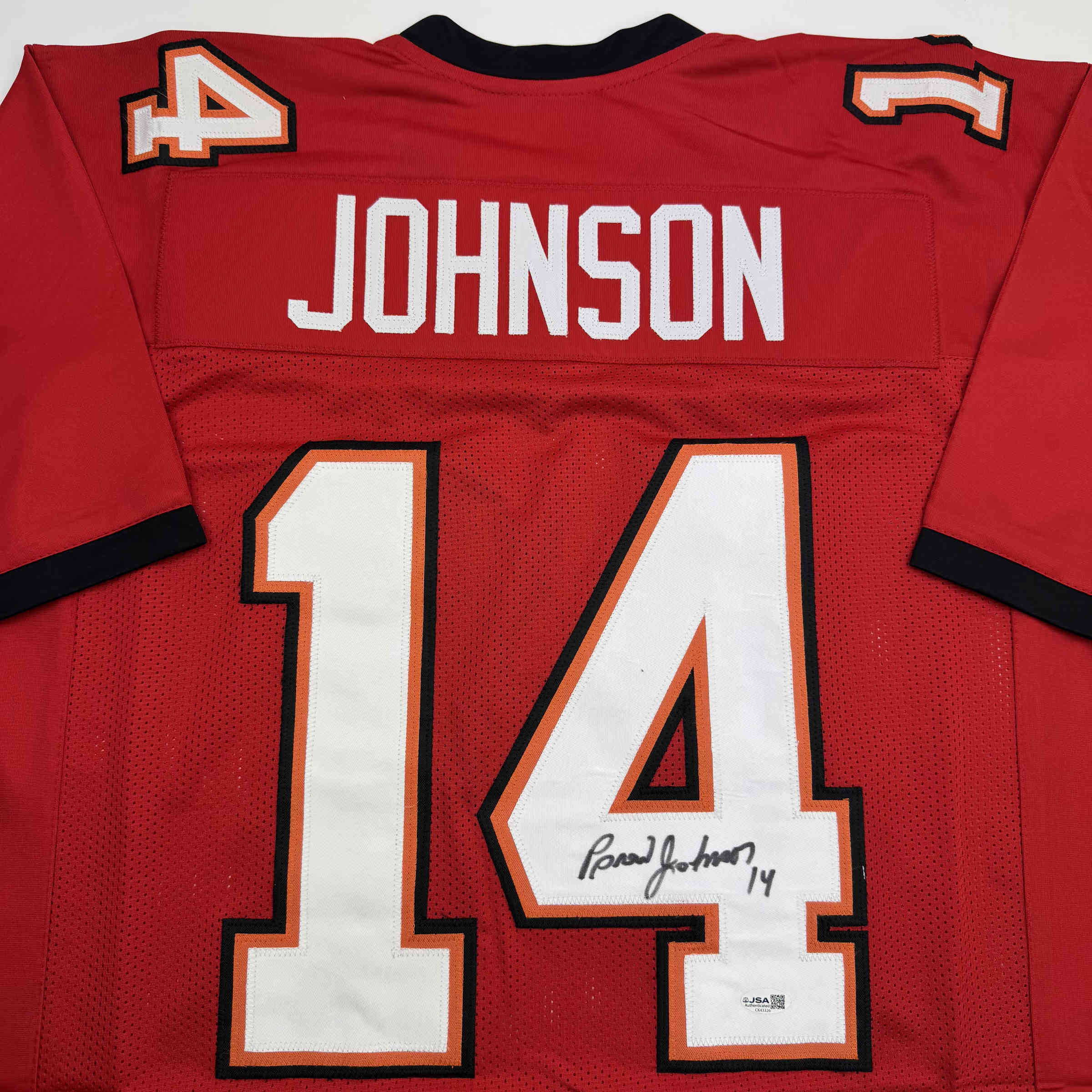 Autographed/Signed Brad Johnson Tampa Bay Red Football Jersey Beckett BAS COA