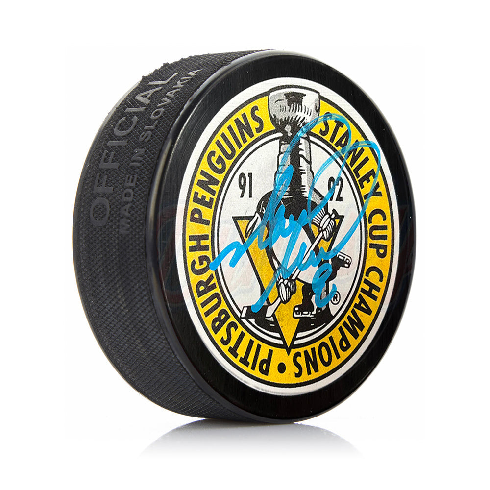 Mark Recchi Pittsburgh Penguins 1992 Stanley Cup Champions Autographed Hockey Logo Puck - Sports Collectibles, Sports Memorabilia, Sports Fan Shop, Sports Gifts