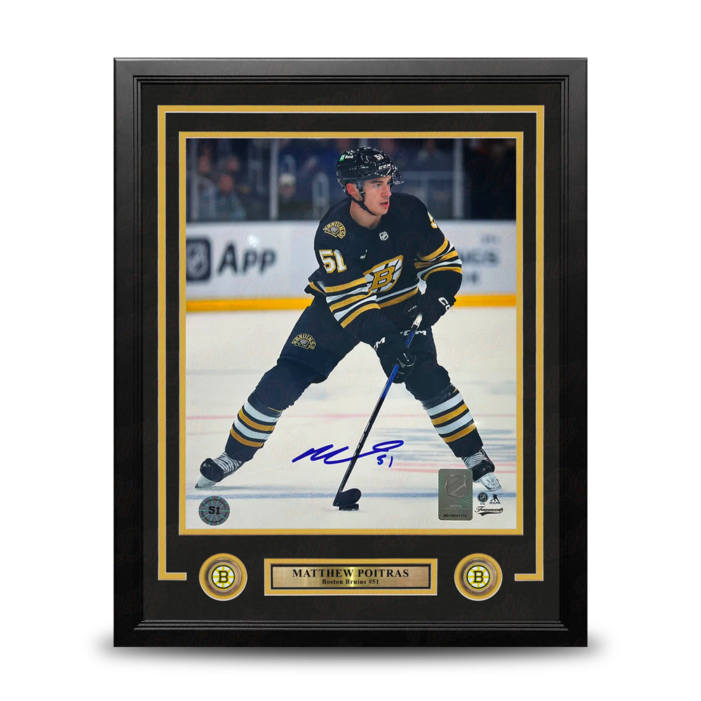 Matthew Poitras in Action Boston Bruins Autographed 16" x 20" Framed Hockey Photo - Sports Collectibles, Sports Memorabilia, Sports Fan Shop, Sports Gifts