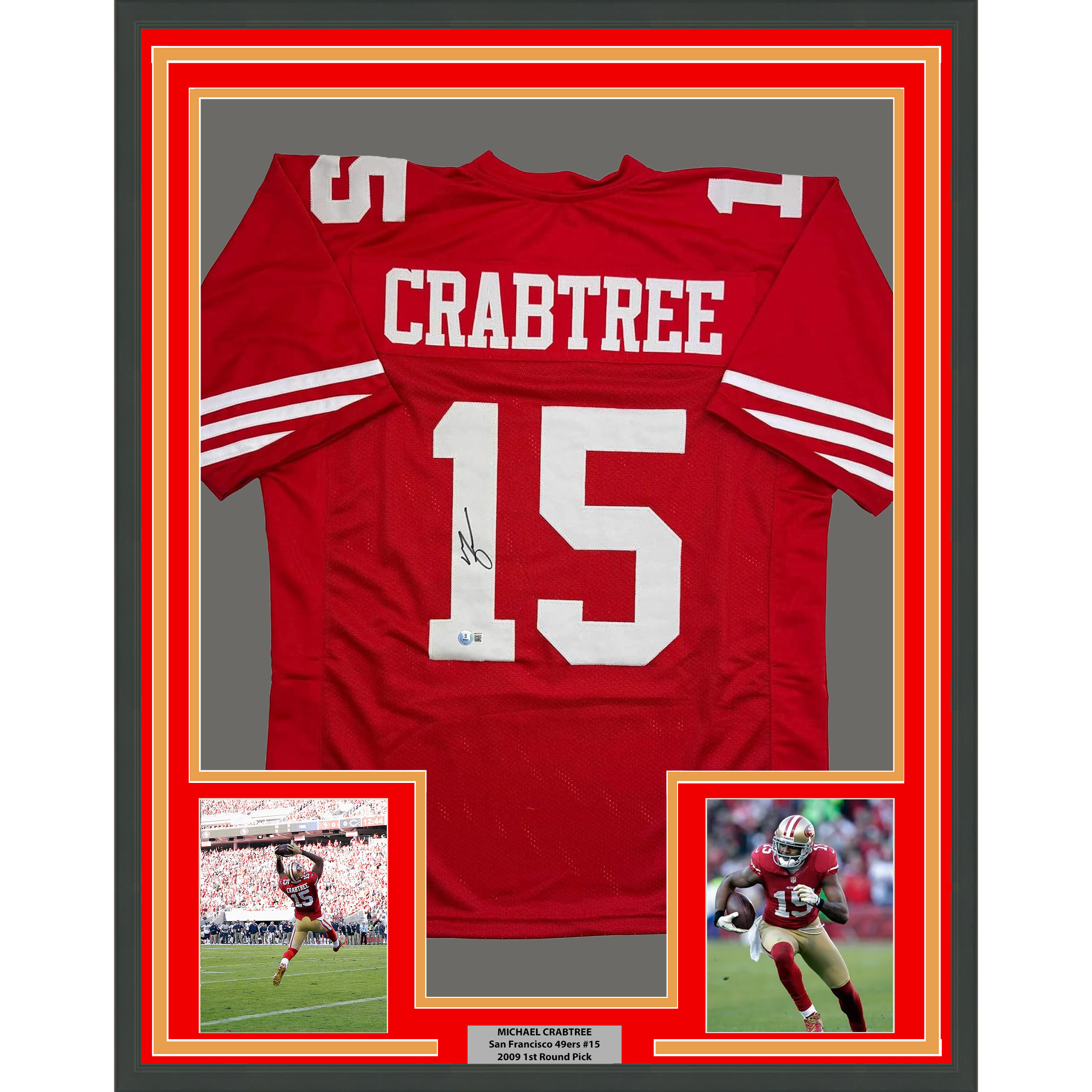 Framed Autographed/Signed Michael Crabtree 35x39 San Francisco Red Football Jersey Beckett BAS COA