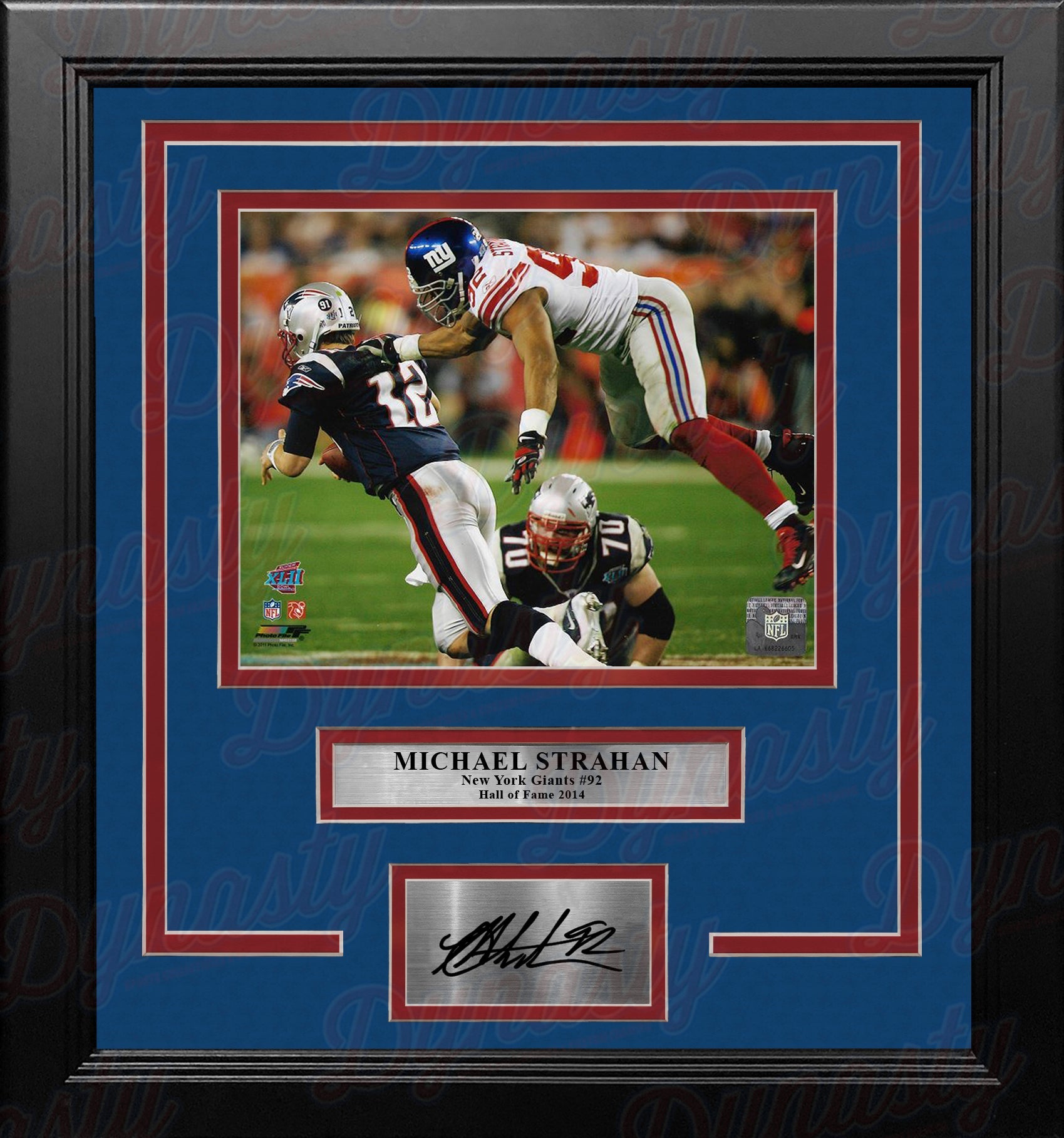 Michael Strahan Sacks Brady Super Bowl XLII NY Giants 8x10 Framed Photo with Engraved Autograph - Sports Collectibles, Sports Memorabilia, Sports Fan Shop, Sports Gifts