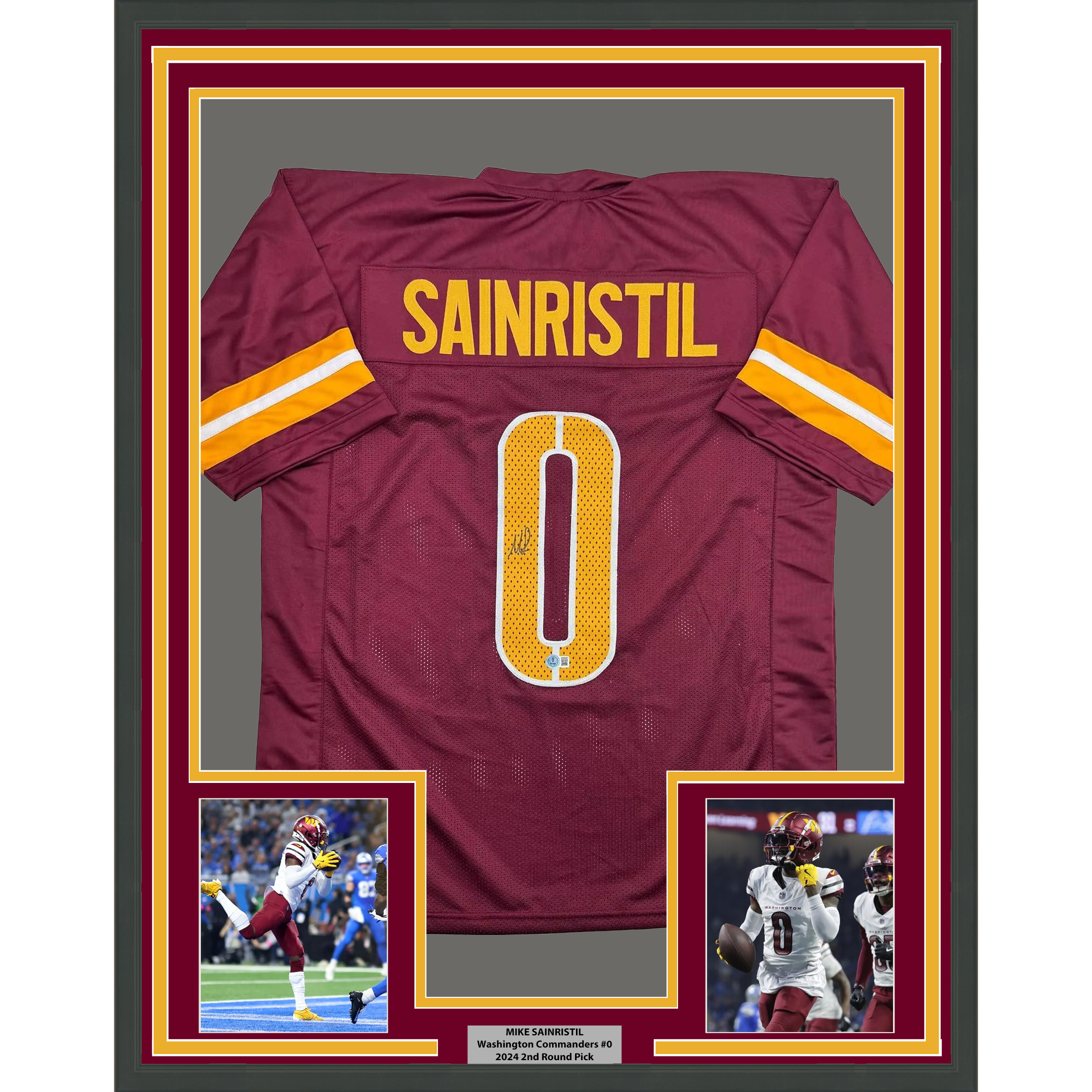 Framed Autographed/Signed Mike Sainristil 35x39 Washington Burgundy Football Jersey Beckett BAS COA