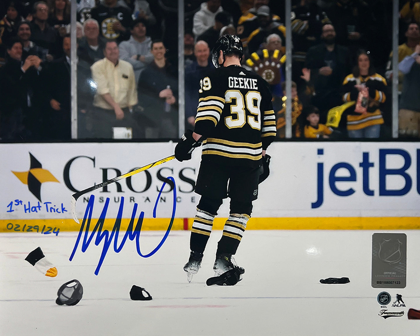 Morgan Geekie Hat Trick Boston Bruins Autographed 11" x 14" Hockey Photo - 1st Hat Trick - Sports Collectibles, Sports Memorabilia, Sports Fan Shop, Sports Gifts