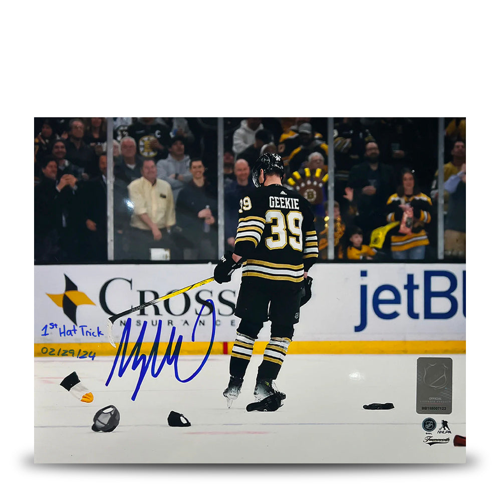 Morgan Geekie Hat Trick Boston Bruins Autographed 11" x 14" Hockey Photo - 1st Hat Trick - Sports Collectibles, Sports Memorabilia, Sports Fan Shop, Sports Gifts