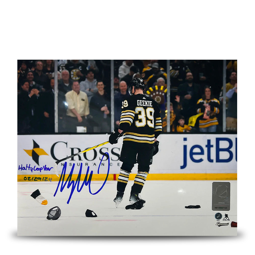 Morgan Geekie Hat Trick Boston Bruins Autographed 11" x 14" Hockey Photo - Hatty Leap Year - Sports Collectibles, Sports Memorabilia, Sports Fan Shop, Sports Gifts