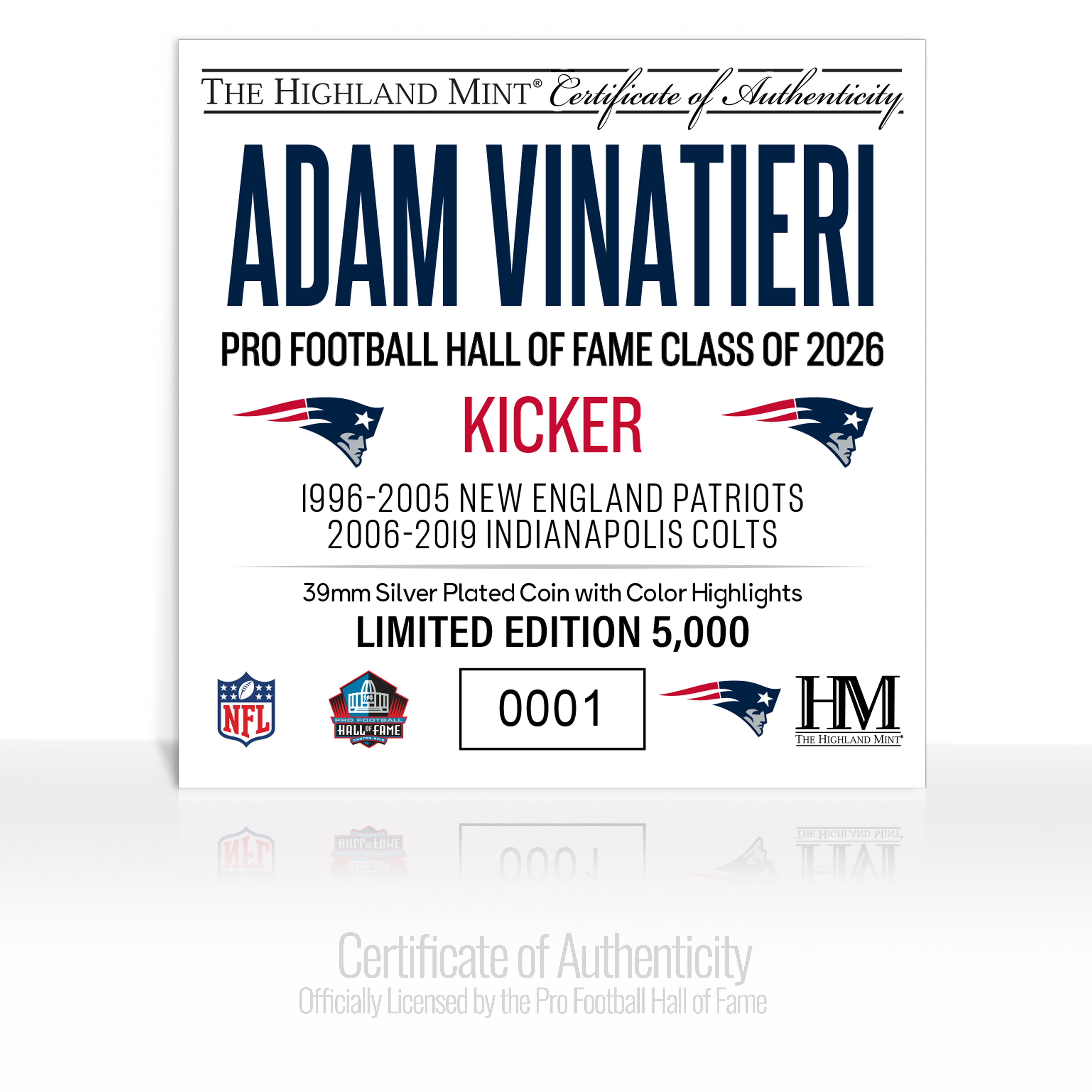 Adam Vinatieri Patriots 2026 NFL Hall of Fame Induction Silver Plated Coin - Sports Gifts, Sports Memorabilia, Sports Collectibles, Fan Shop