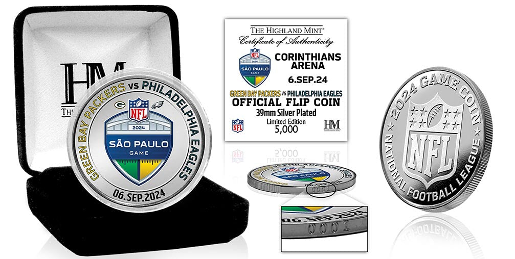 2024 Brazil Game Green Bay Packers vs Philadelphia Eagles Silver Flip Coin - Sports Collectibles, Sports Memorabilia, Sports Fan Shop, Sports Gifts