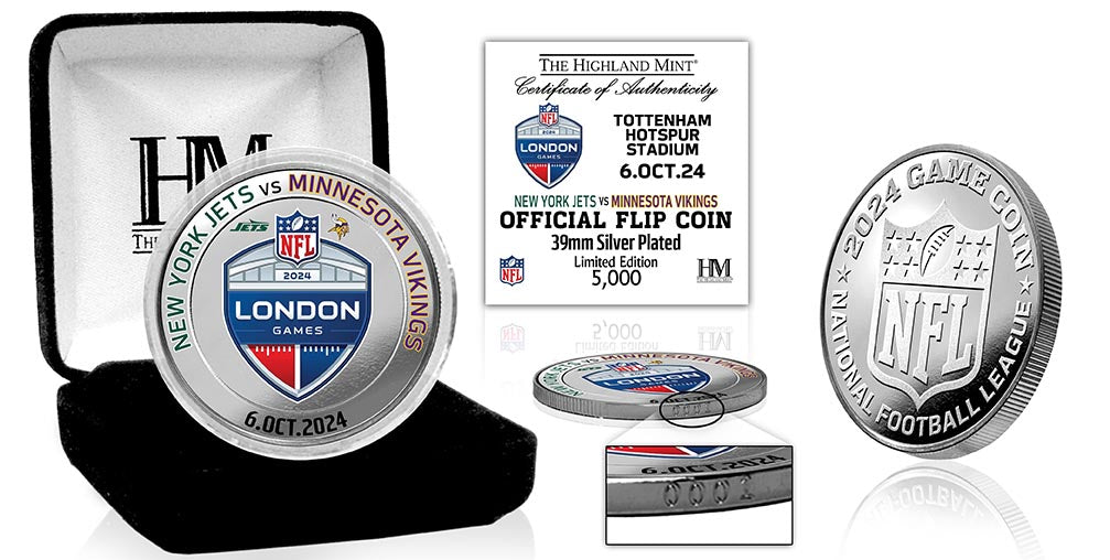 2024 London Games New York Jets vs Minnesota Vikings Silver Plated Flip Coin - Sports Collectibles, Sports Memorabilia, Sports Fan Shop, Sports Gifts