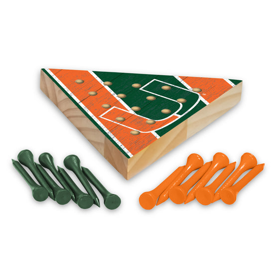 NCAA  Miami Hurricanes  4.5" x 4" Wooden Travel Sized Pyramid Game - Toy Peg Games - Triangle - Family Fun