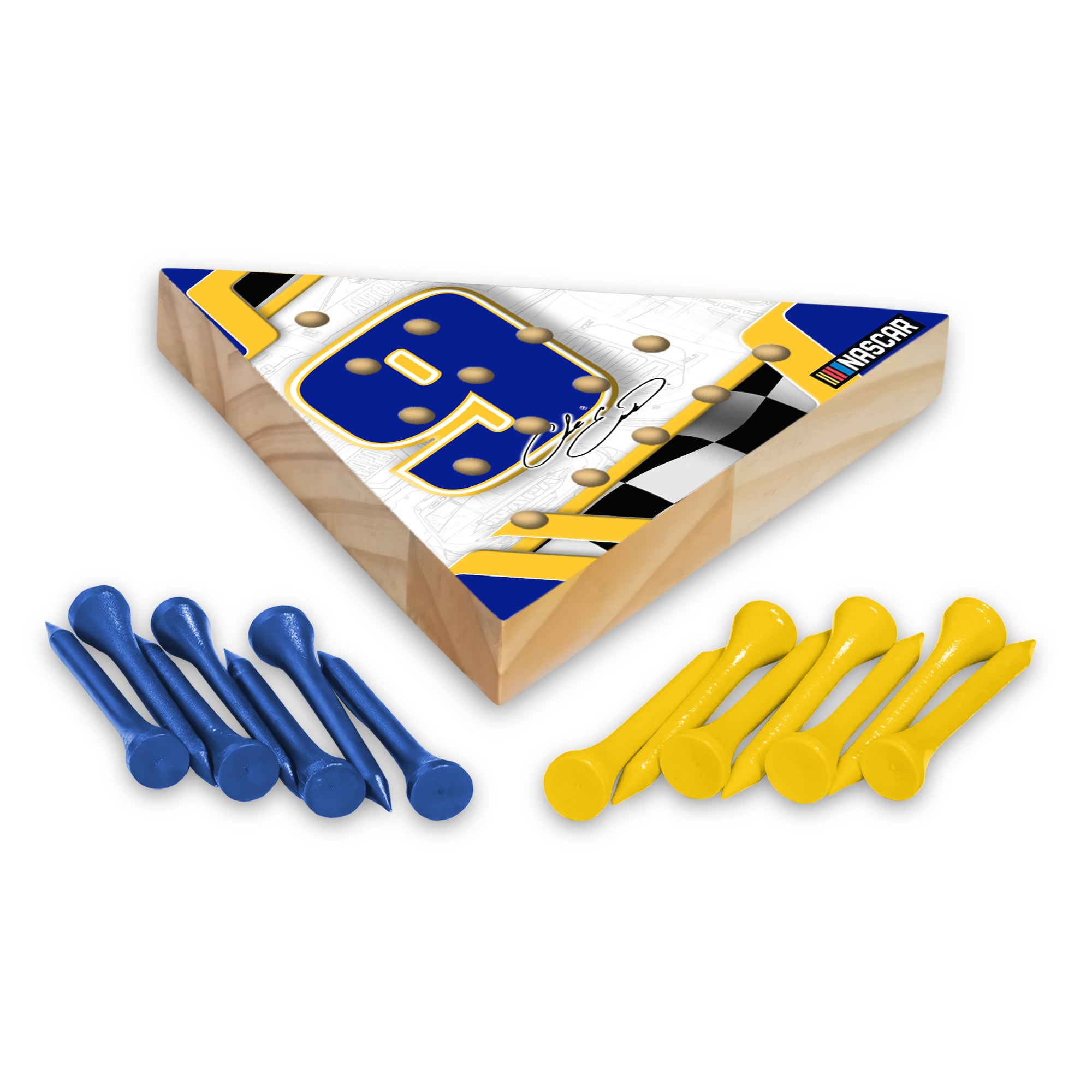 NASCAR Auto Racing Chase Elliott  4.5" x 4" Wooden Travel Sized Pyramid Game - Toy Peg Games - Triangle - Family Fun