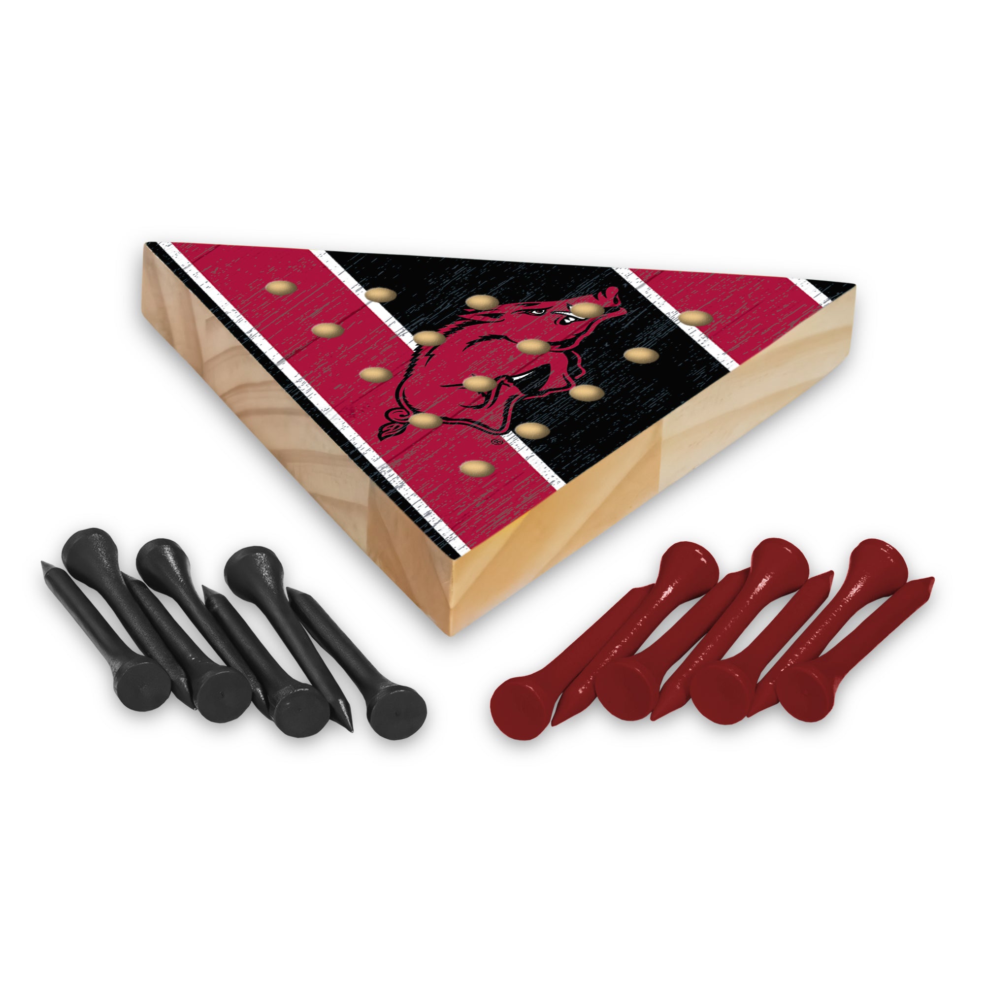 NCAA  Arkansas Razorbacks  4.5" x 4" Wooden Travel Sized Pyramid Game - Toy Peg Games - Triangle - Family Fun