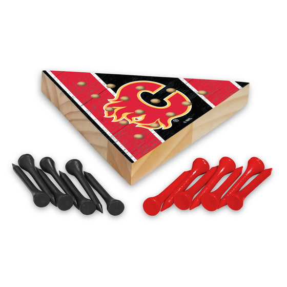 NHL Hockey Calgary Flames  4.5" x 4" Wooden Travel Sized Pyramid Game - Toy Peg Games - Triangle - Family Fun