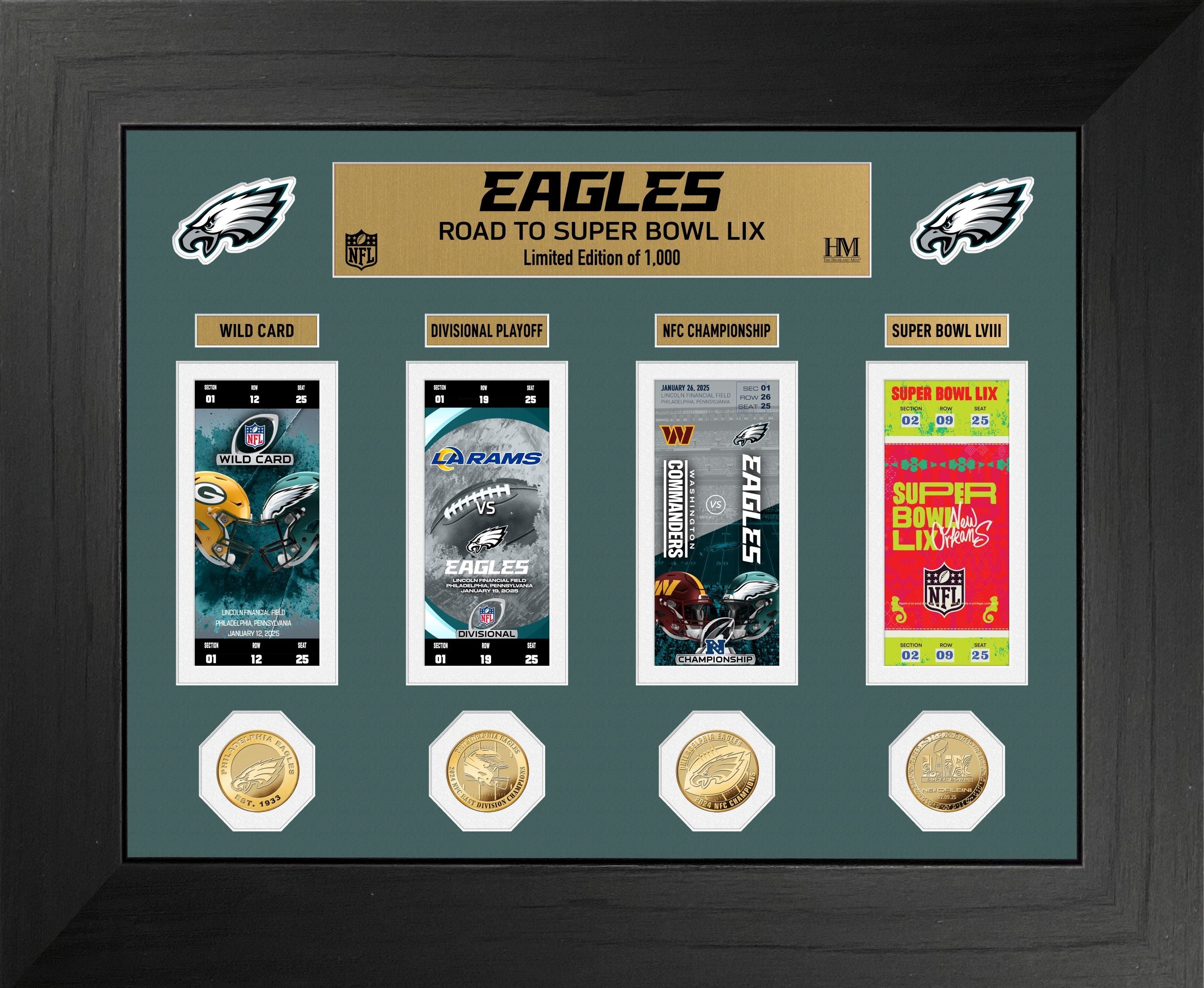 Philadelphia Eagles Road to Super Bowl LIX Deluxe Ticket and Gold Coin Photo Mint - Sports Collectibles, Sports Memorabilia, Sports Fan Shop, Sports Gifts