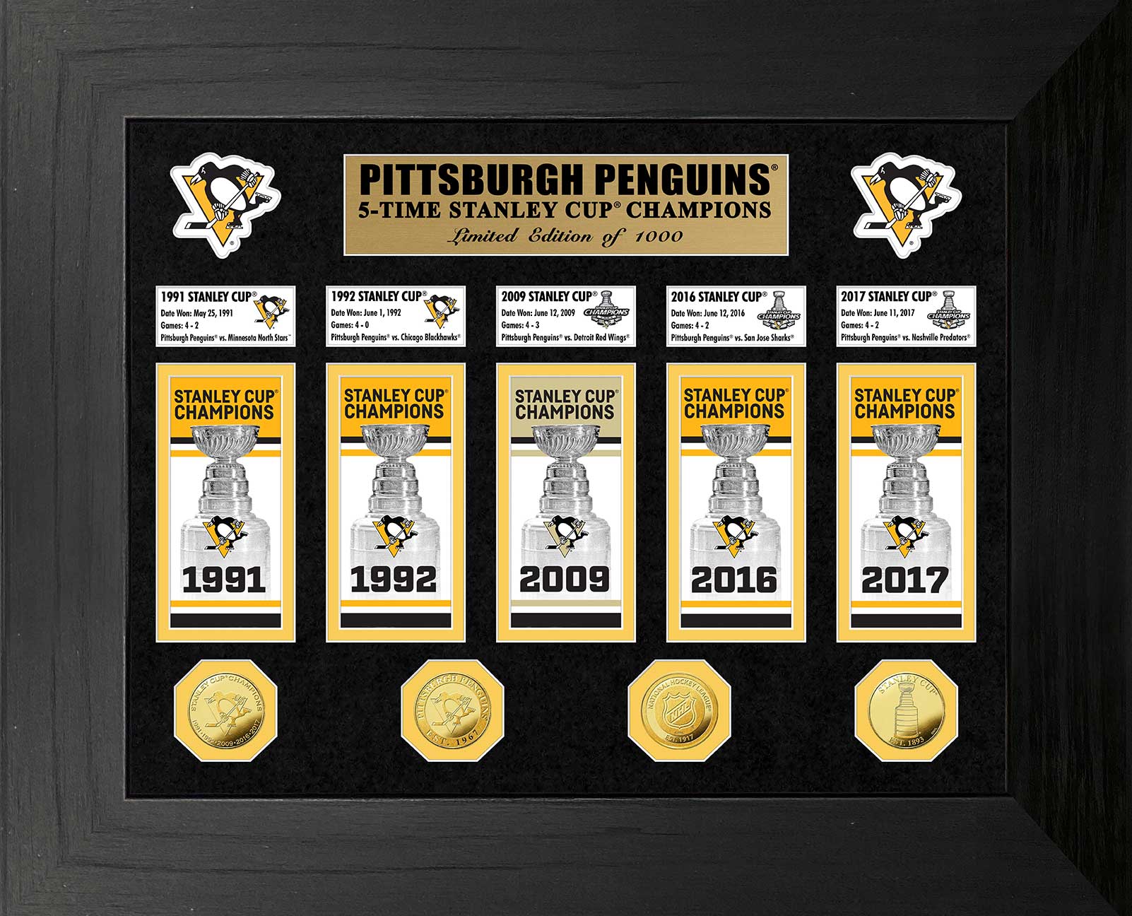 Pittsburgh Penguins 5-Time Stanley Cup Champions Deluxe Gold Coin & Banner Collection - Sports Collectibles, Sports Memorabilia, Sports Fan Shop, Sports Gifts