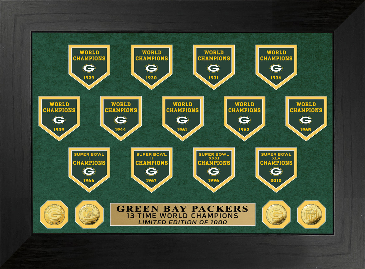 Green Bay Packers 13-Time World Champions Deluxe Banner Gold Coin Photo Mint - Sports Collectibles, Sports Memorabilia, Sports Fan Shop, Sports Gifts