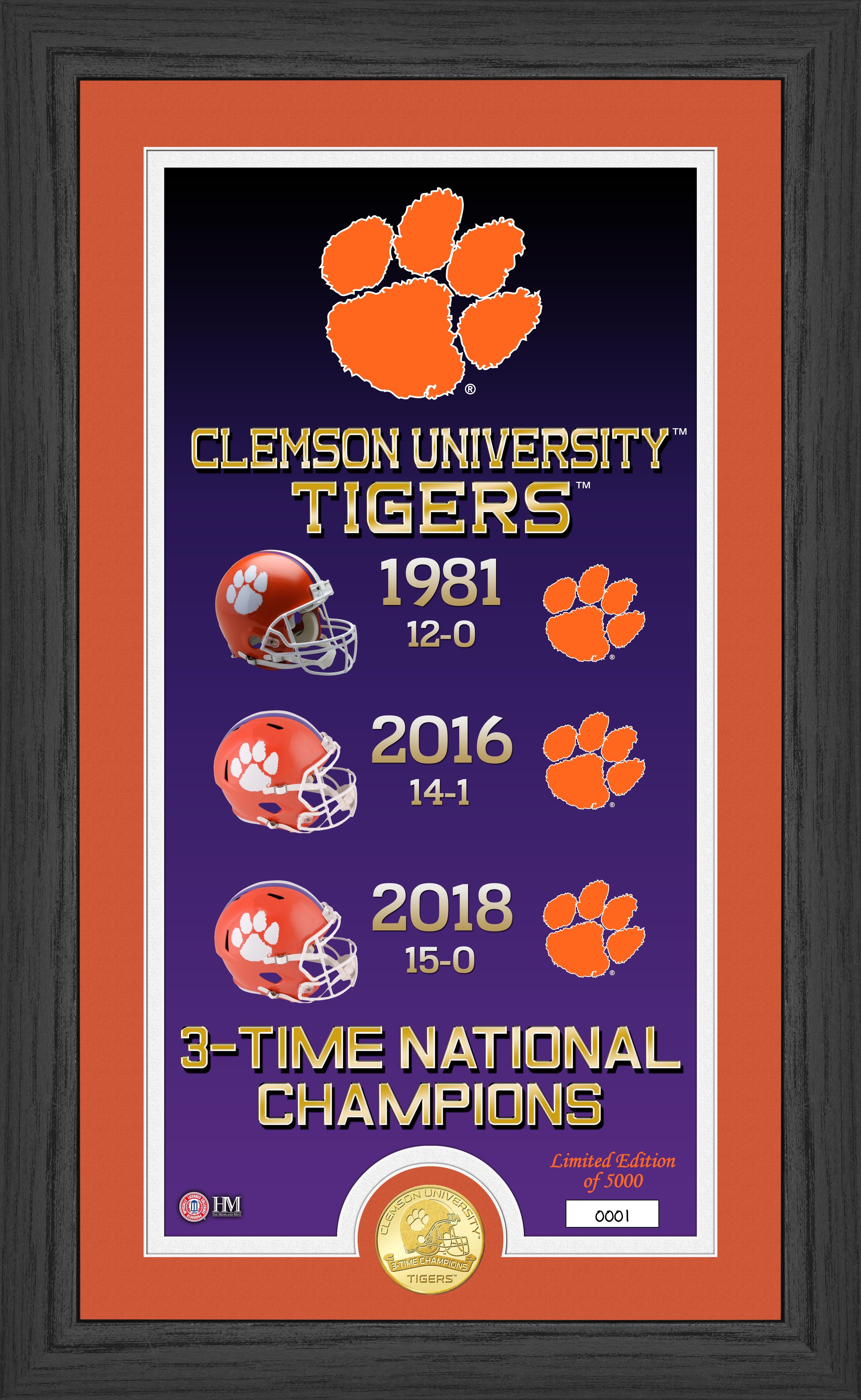 Clemson University Tigers 3-time National Champions Legacy Bronze Coin Pano Photo Mint