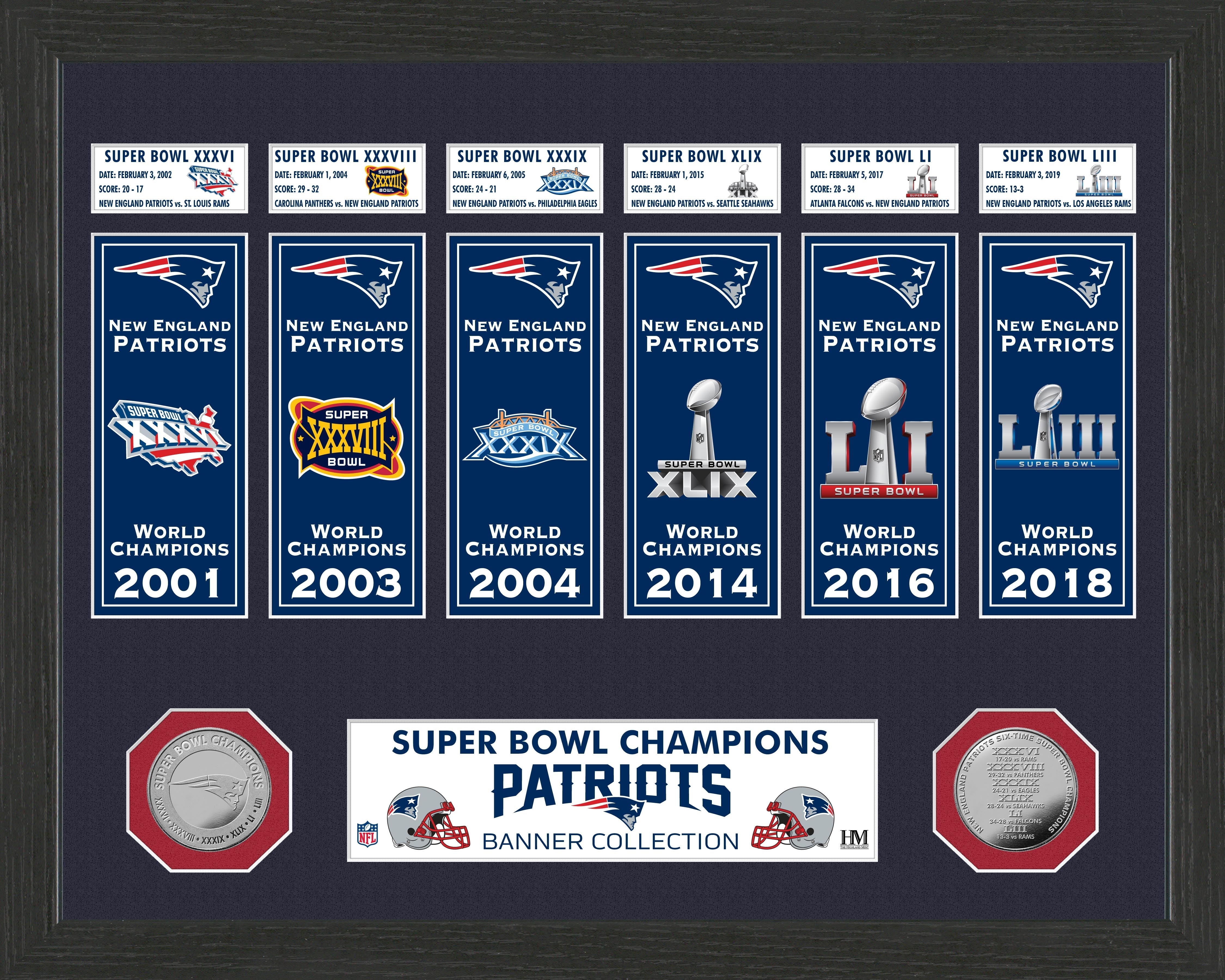 New England Patriots Super Bowl Banner Collection Photo Mint - Sports Collectibles, Sports Memorabilia, Sports Fan Shop, Sports Gifts