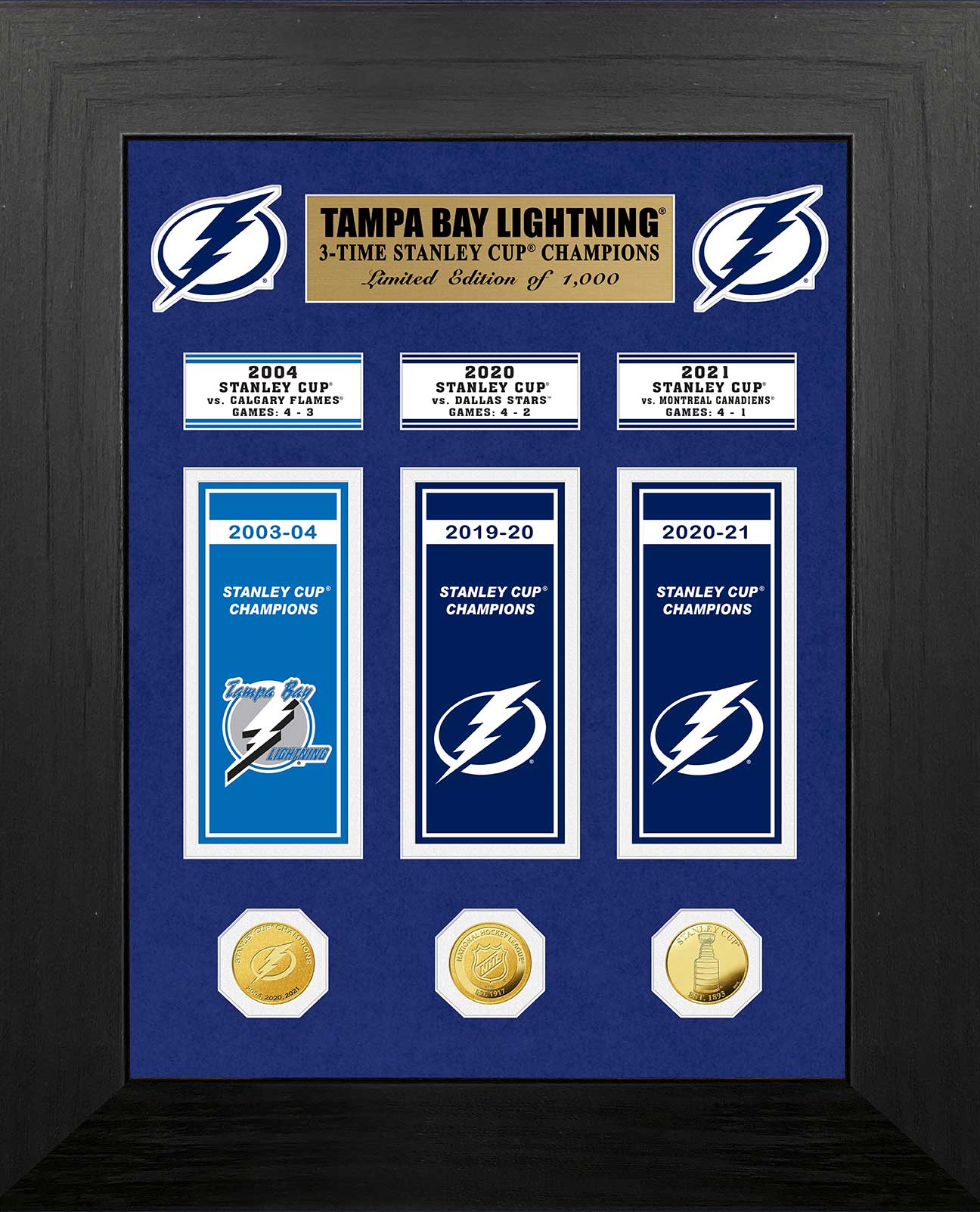 Tampa Bay Lightning 3-Time Stanley Cup Champions Deluxe Banner and Gold Coin Collection - Sports Collectibles, Sports Memorabilia, Sports Fan Shop, Sports Gifts