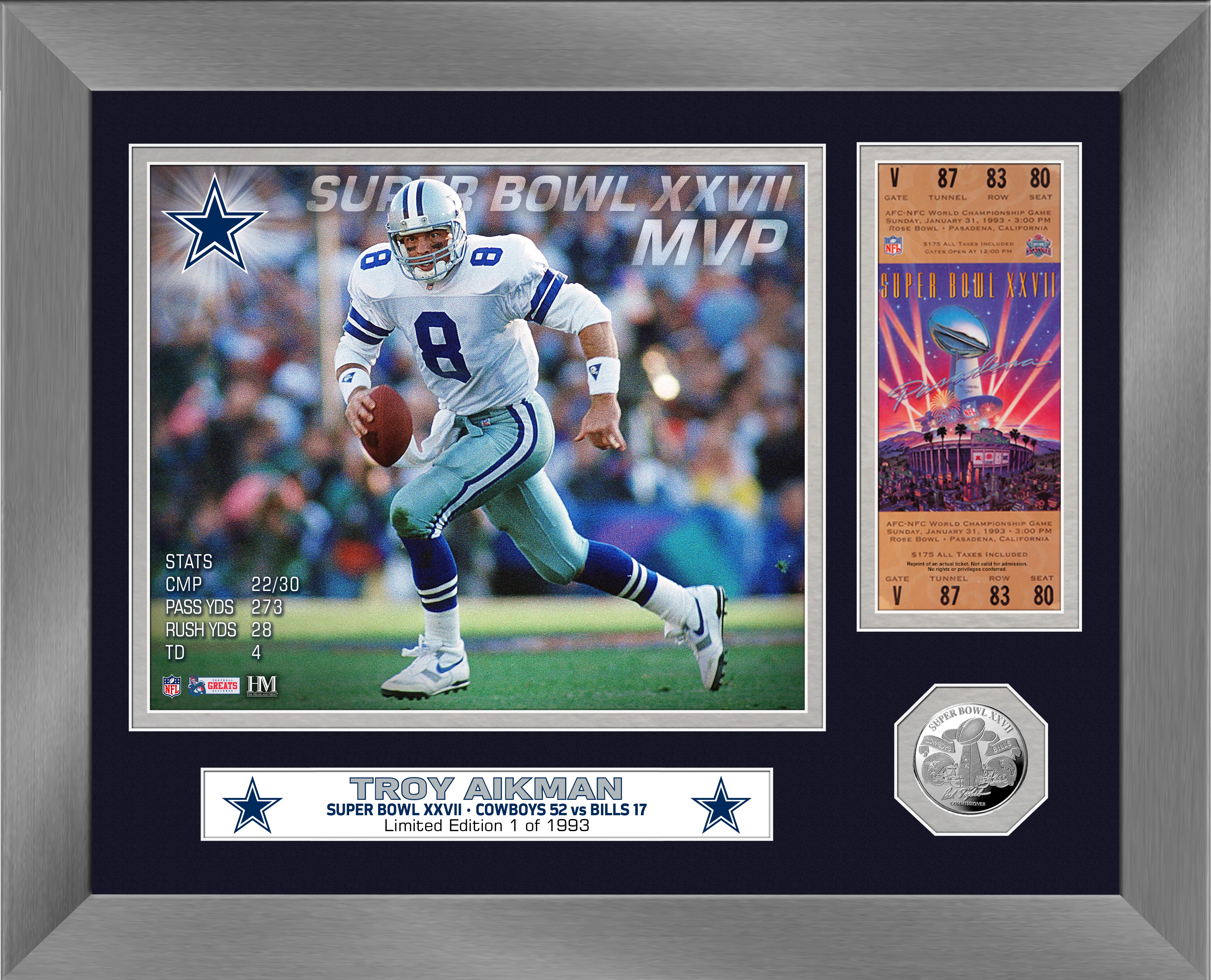 Troy Aikman Super Bowl XXVII MVP Silver Coin Ticket Photo Mint - Sports Collectibles, Sports Memorabilia, Sports Fan Shop, Sports Gifts