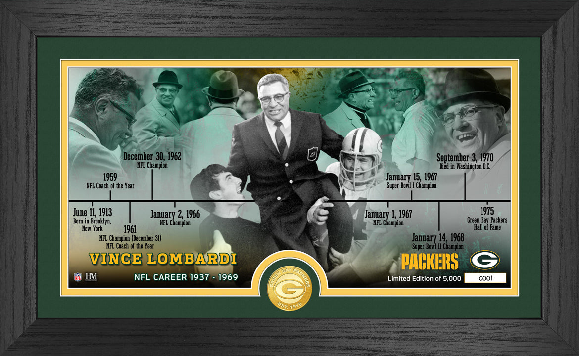 Vince Lombardi Packers Career Timeline Bronze Coin Pano Photo Mint - Sports Collectibles, Sports Memorabilia, Sports Fan Shop, Sports Gifts