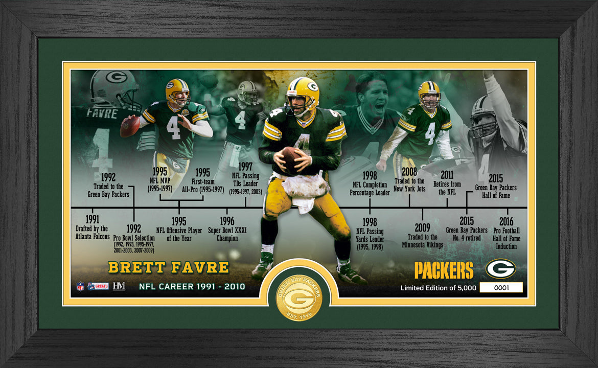 Brett Favre Career Timeline Bronze Coin Pano Photo Mint - Sports Collectibles, Sports Memorabilia, Sports Fan Shop, Sports Gifts